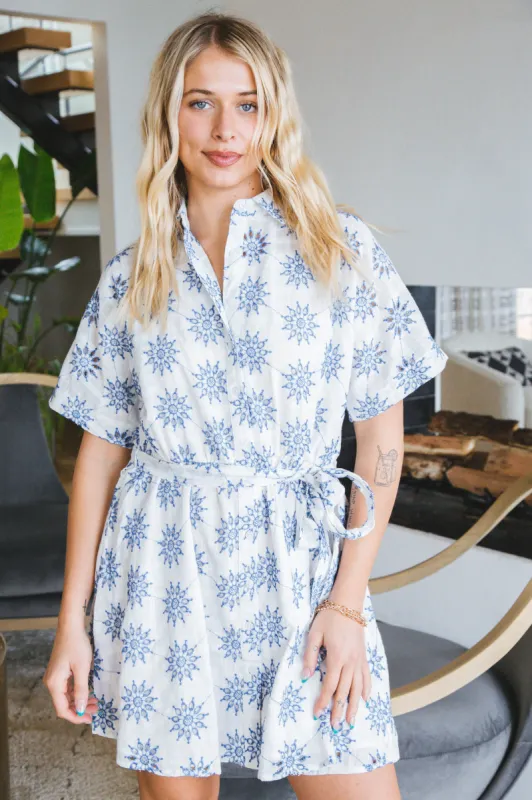 Emersyn Eyelet Mini Shirt Dress, White Blue sold by North & Main Clothing Company