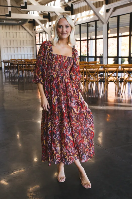Aubree Smocked Chiffon Midi Dress, Red/Mustard sold by North & Main Clothing Company
