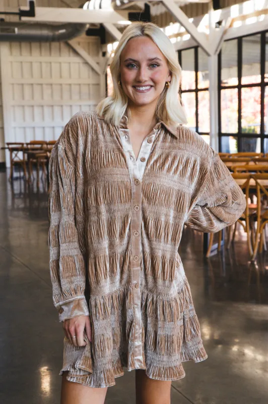 Lana Crinkle Velvet Shirt Dress, Taupe sold by North & Main Clothing Company