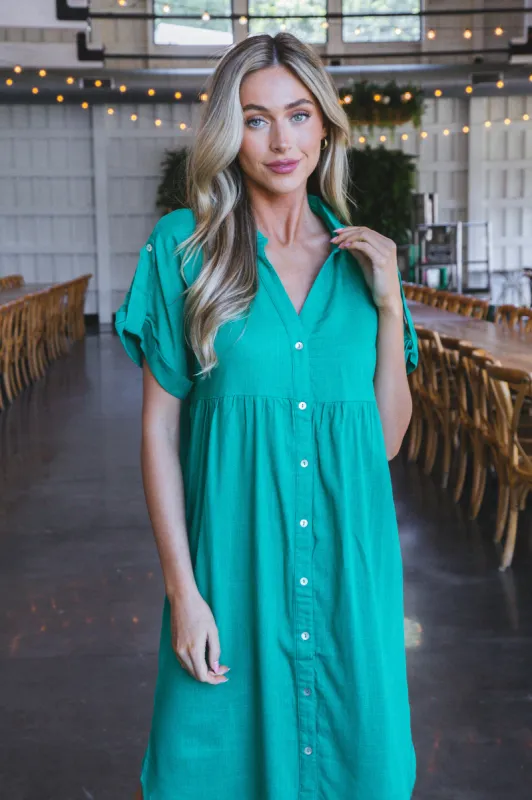 Hattie Linen Blend Midi Dress, Kelly Green sold by North & Main Clothing Company
