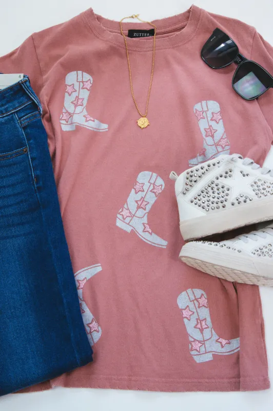Sparkle Cowboy Boots Graphic Tee, Brick sold by North & Main Clothing Company