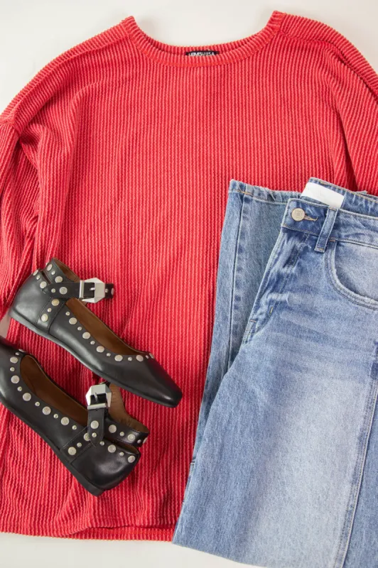 Katerina Rib Knit Seam Detail Top, Red | Extended Sizes sold by North & Main Clothing Company