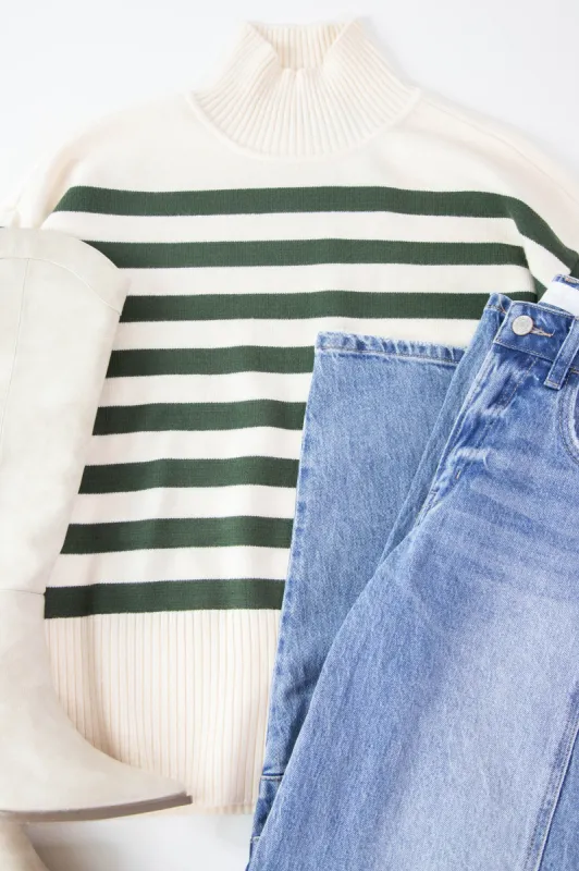 Caden Mock Neck Striped Sweater, Off White/Pineneedle | Velvet Heart sold by North & Main Clothing Company