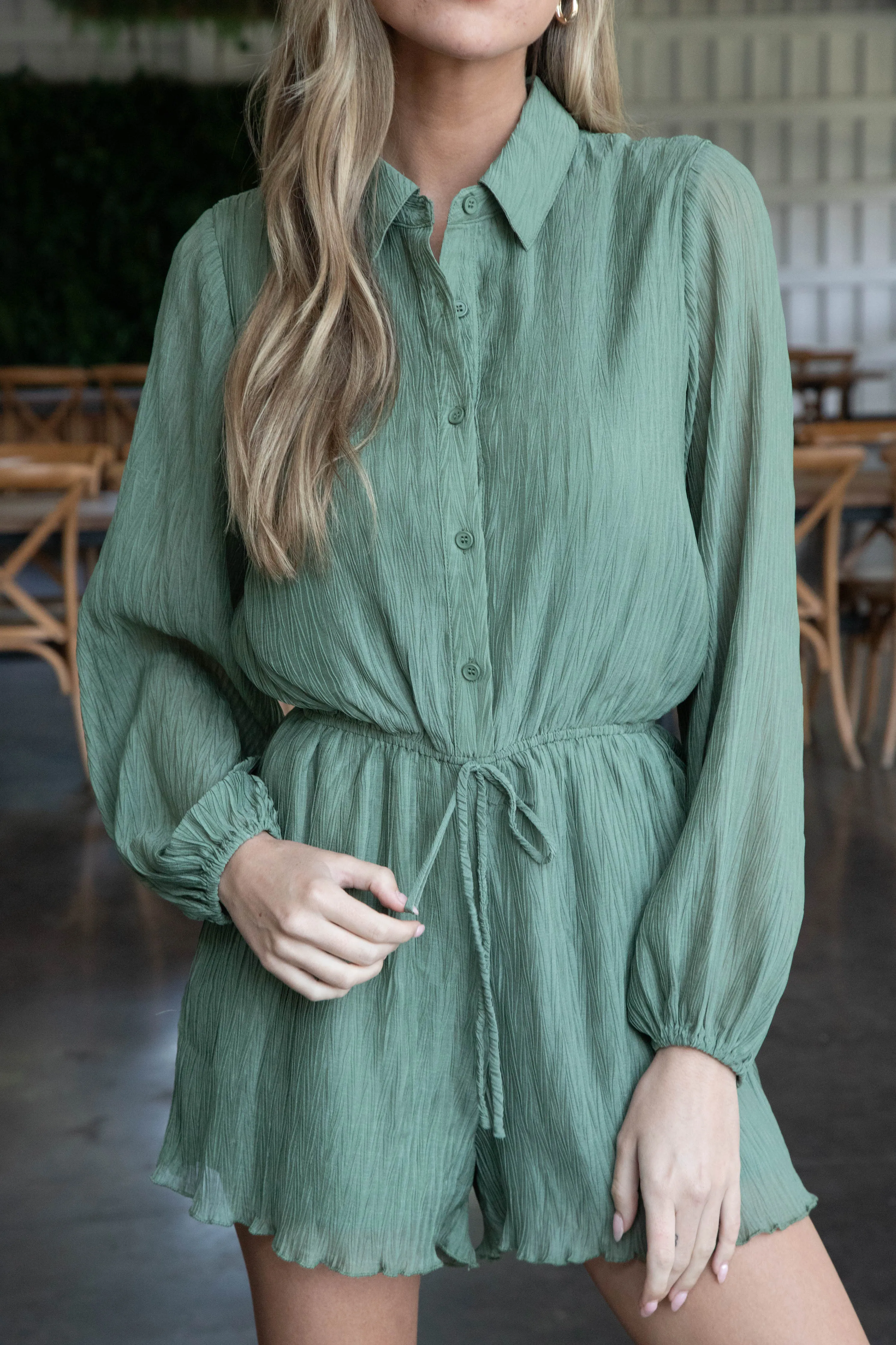 Gathering Button Up Romper, Dark Sage | Sadie & Sage sold by North & Main Clothing Company product image thumbnail 4