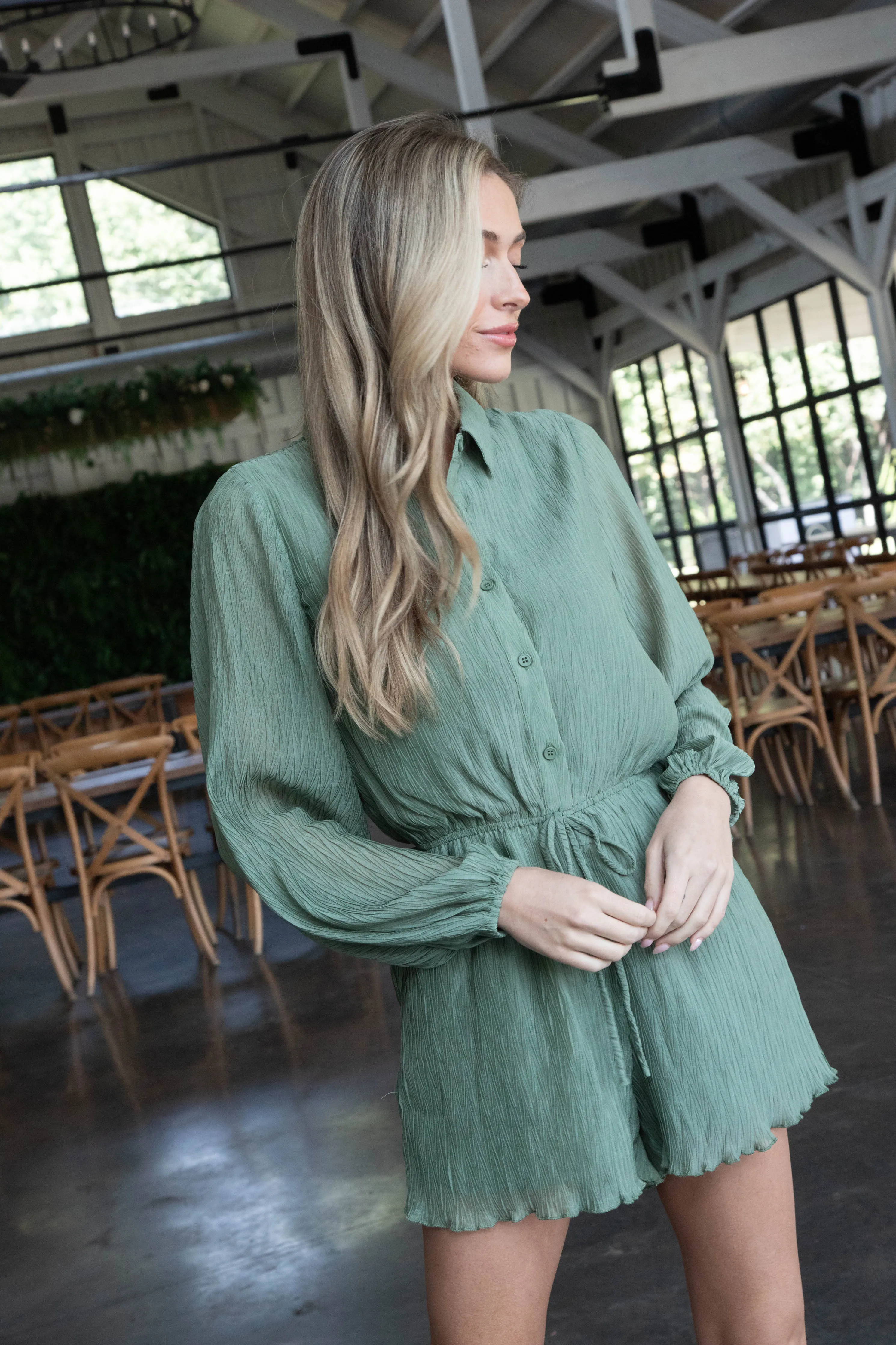 Gathering Button Up Romper, Dark Sage | Sadie & Sage sold by North & Main Clothing Company product image thumbnail 5