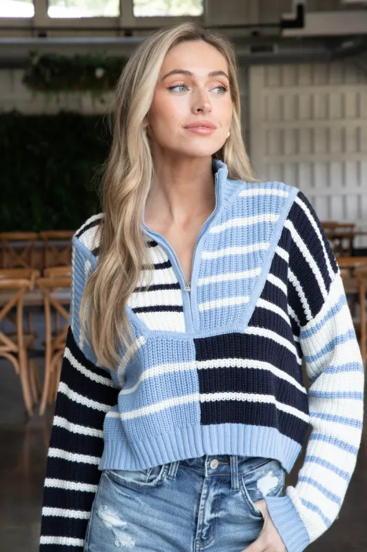 Charleigh Colorblock Striped Sweater, Light Blue/Navy/White made by Olivaceous