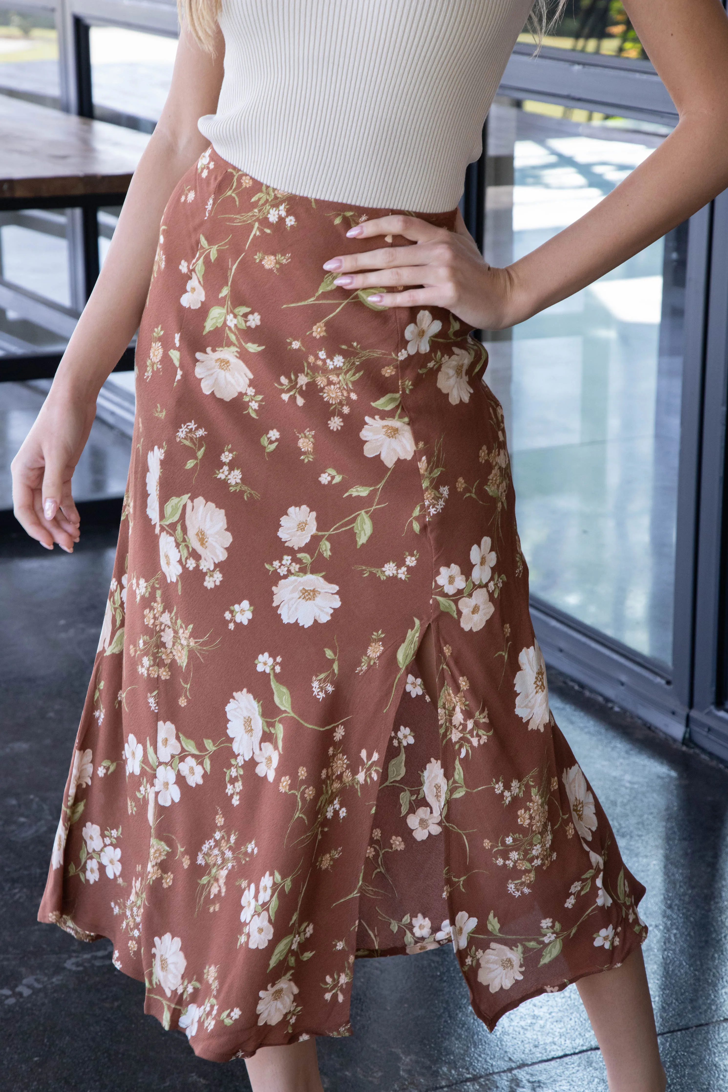 Lilia Floral Side Slit Midi Skirt, Brown/Multi sold by North & Main Clothing Company product image thumbnail 5