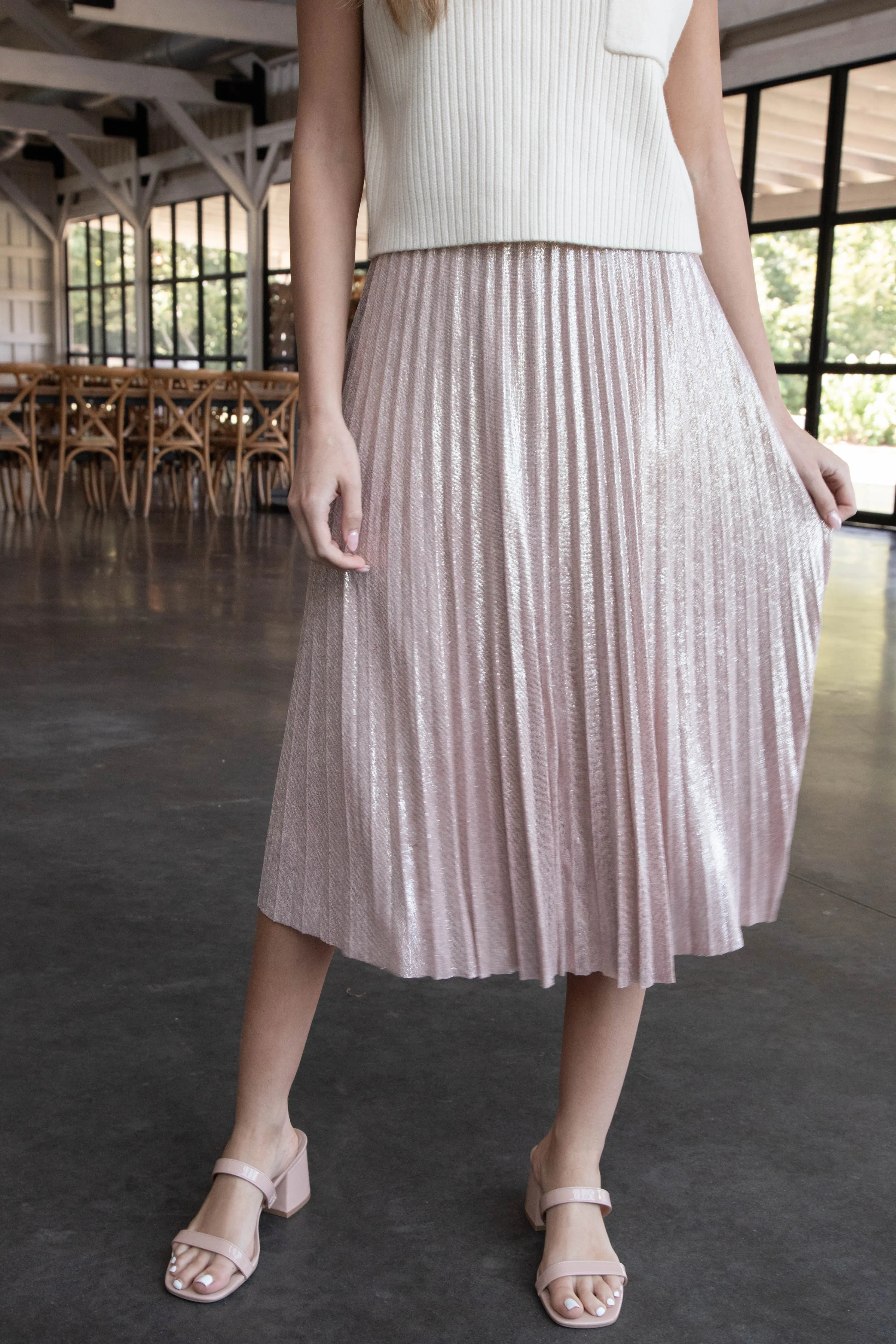 Kaiya Foil Coated Midi Skirt, Blush sold by North & Main Clothing Company