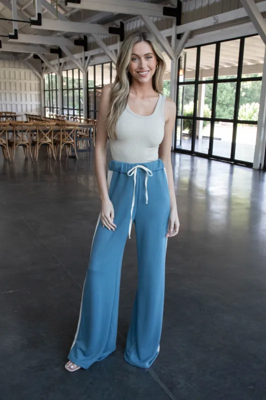 Nikki Colorblock Stripe Sweatpants, Slate Blue/Cream sold by North & Main Clothing Company