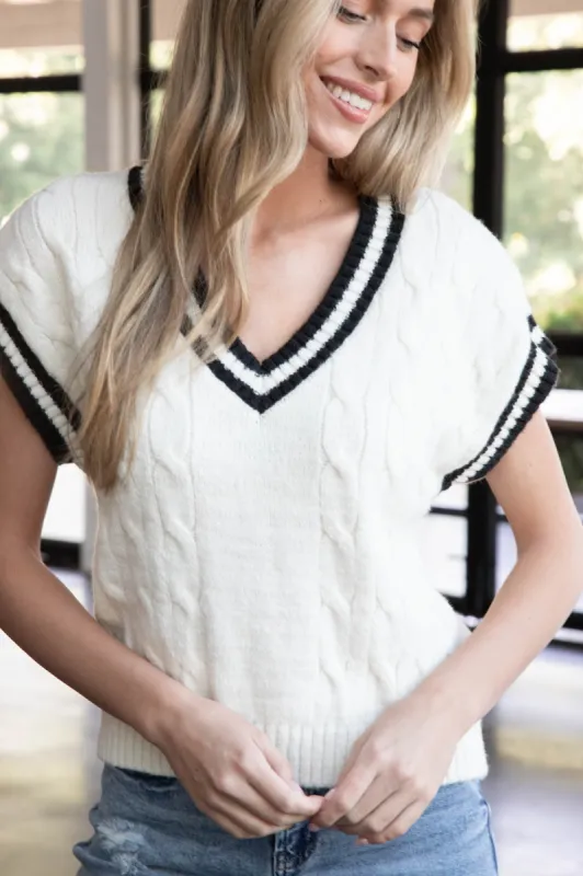 Alora Cable Knit V-Neck Sweater Vest, Cream sold by North & Main Clothing Company
