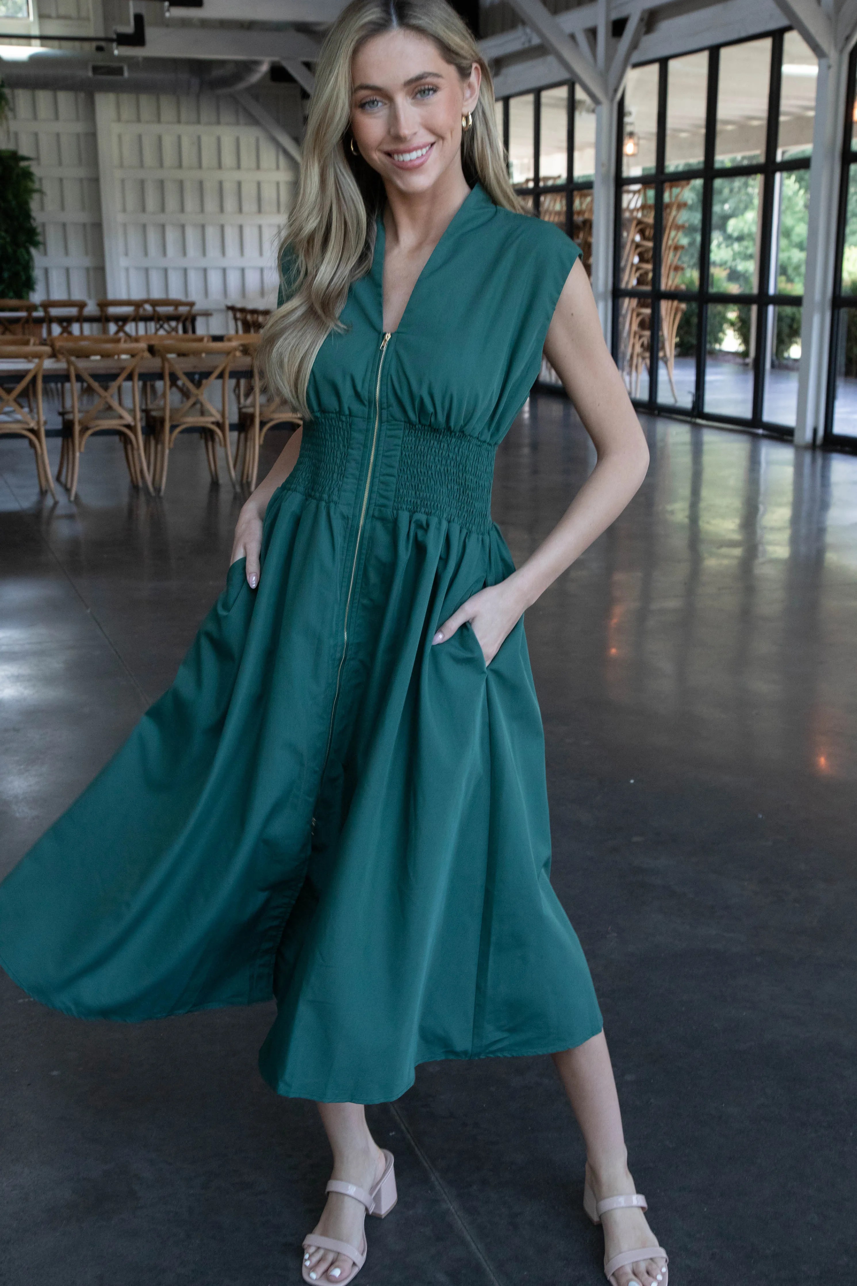 Rylie Solid Zip Up Midi Dress, Hunter Green sold by North & Main Clothing Company product image thumbnail 3