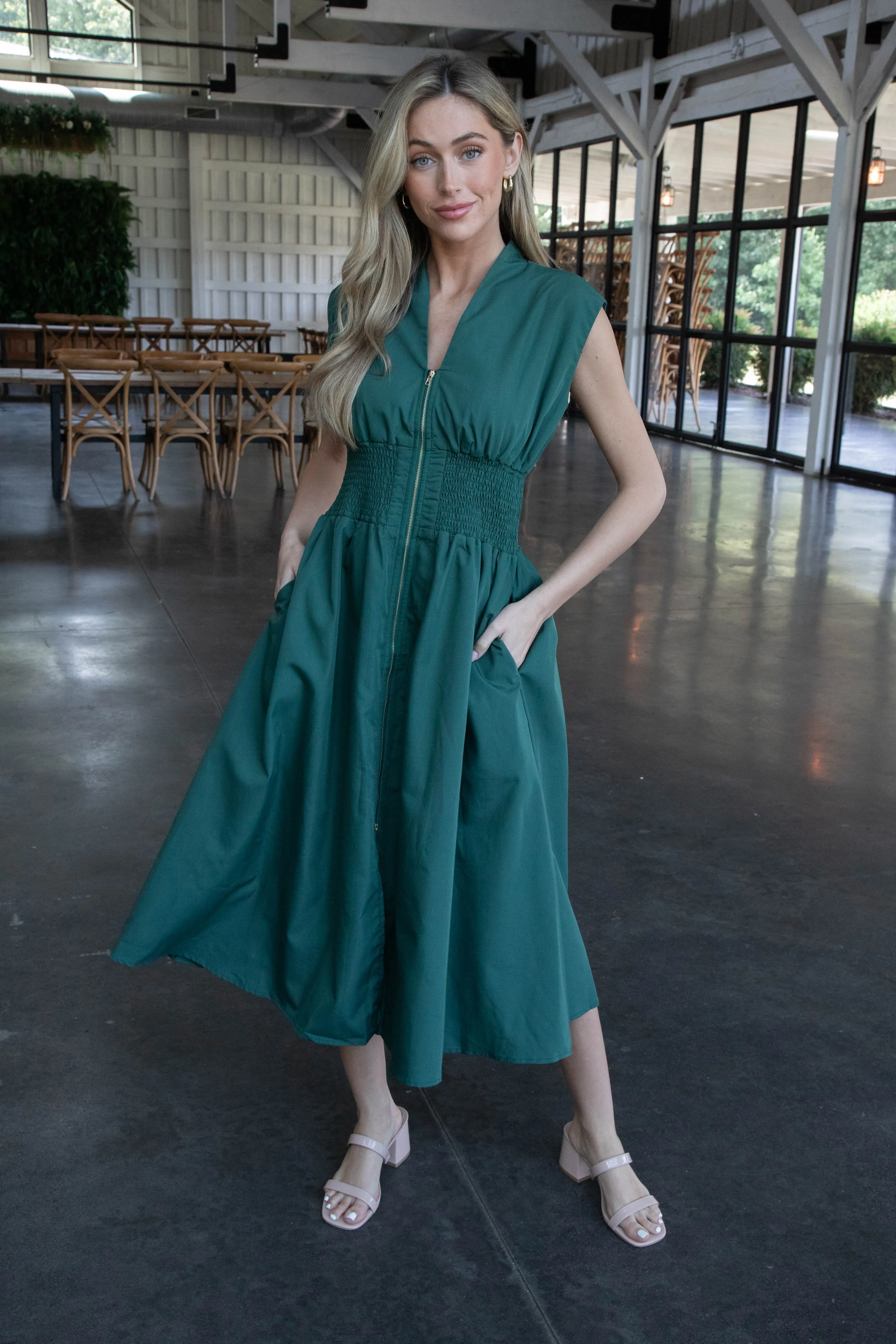 Rylie Solid Zip Up Midi Dress, Hunter Green sold by North & Main Clothing Company