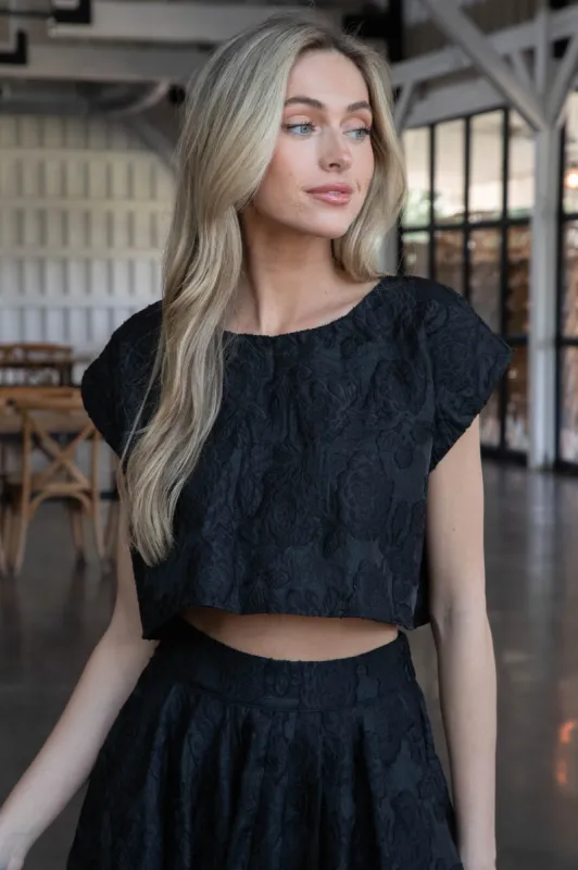 Ryann Cropped Jacquard Top, Black sold by North & Main Clothing Company