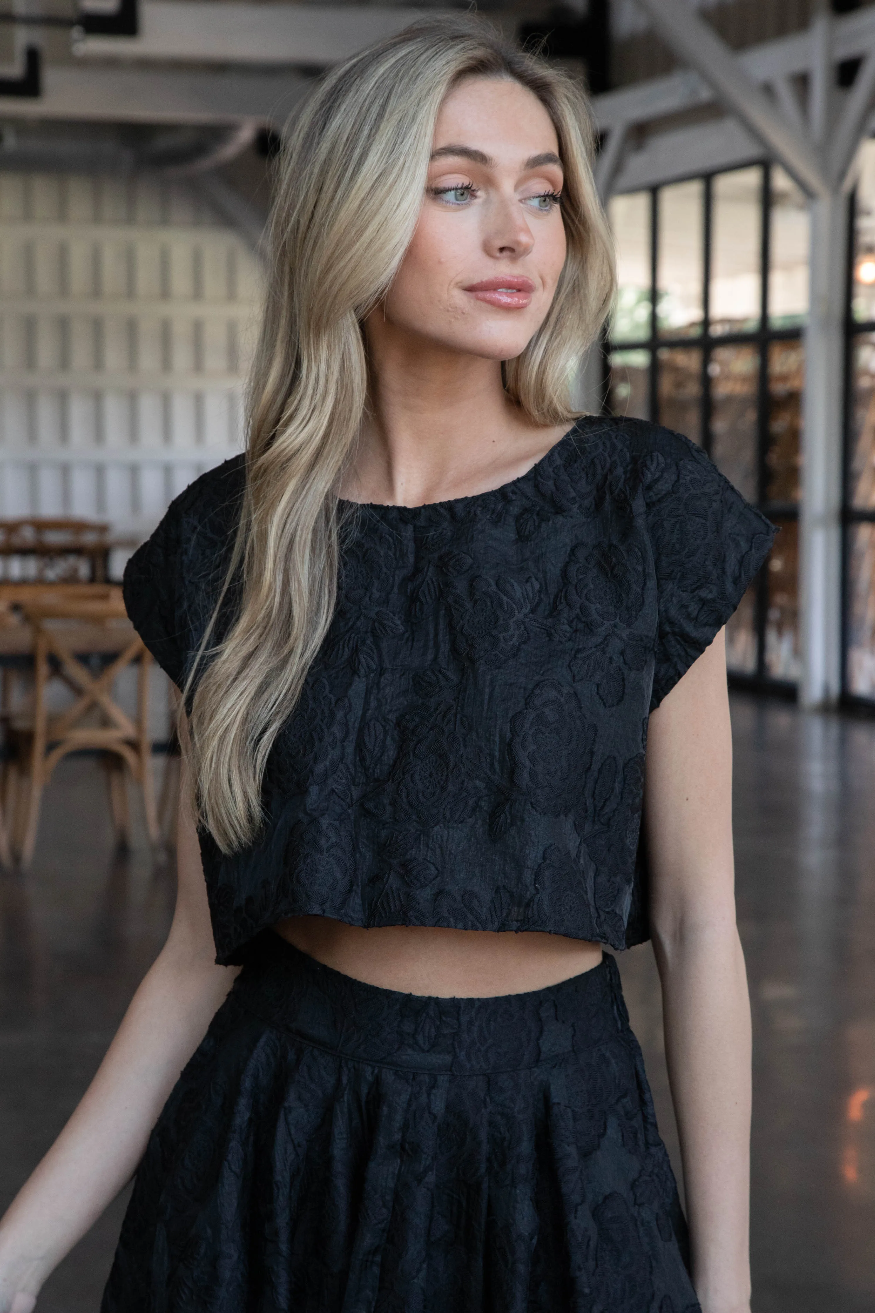 Ryann Cropped Jacquard Top, Black sold by North & Main Clothing Company