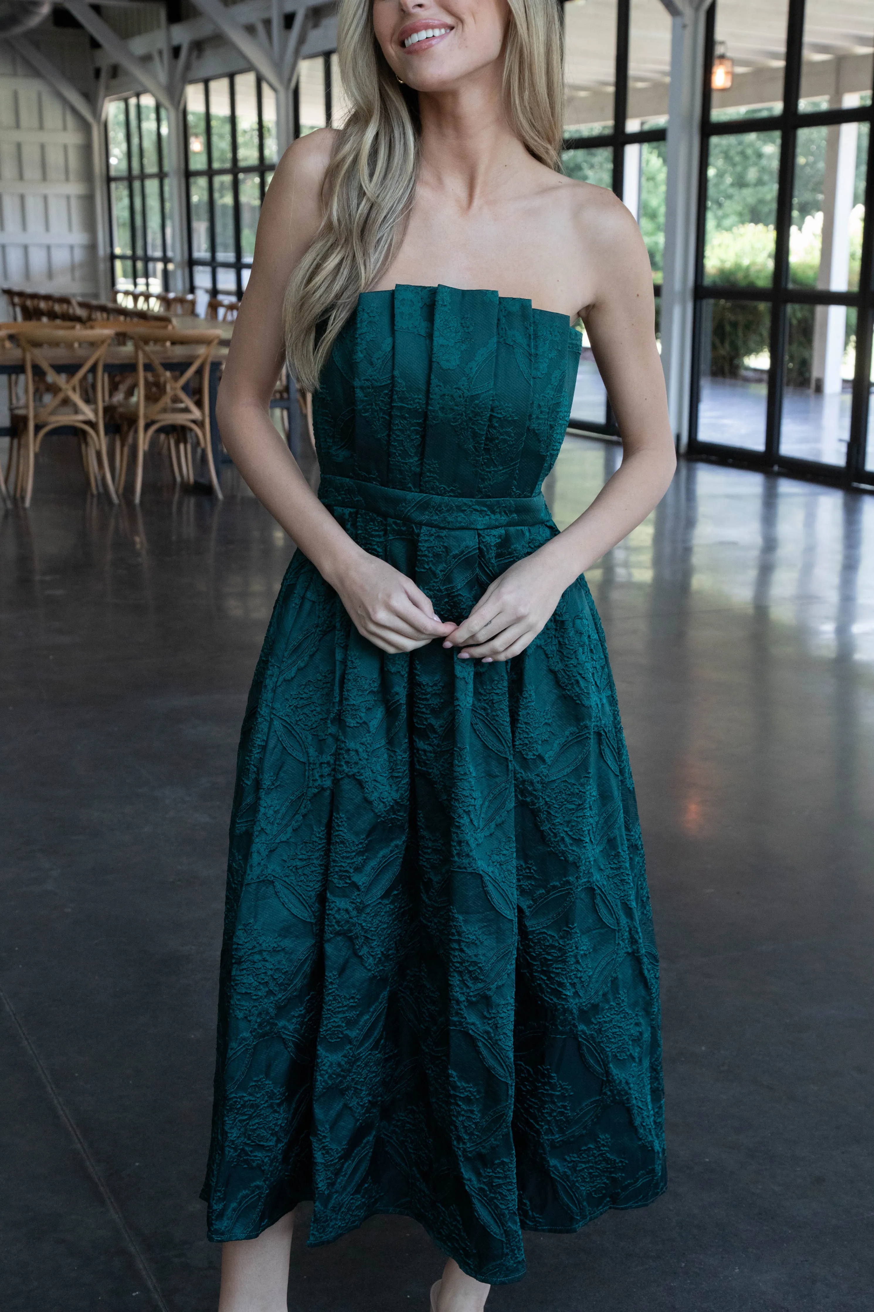 Carla Strapless Embroidered Midi Dress, Hunter Green sold by North & Main Clothing Company product image thumbnail 5