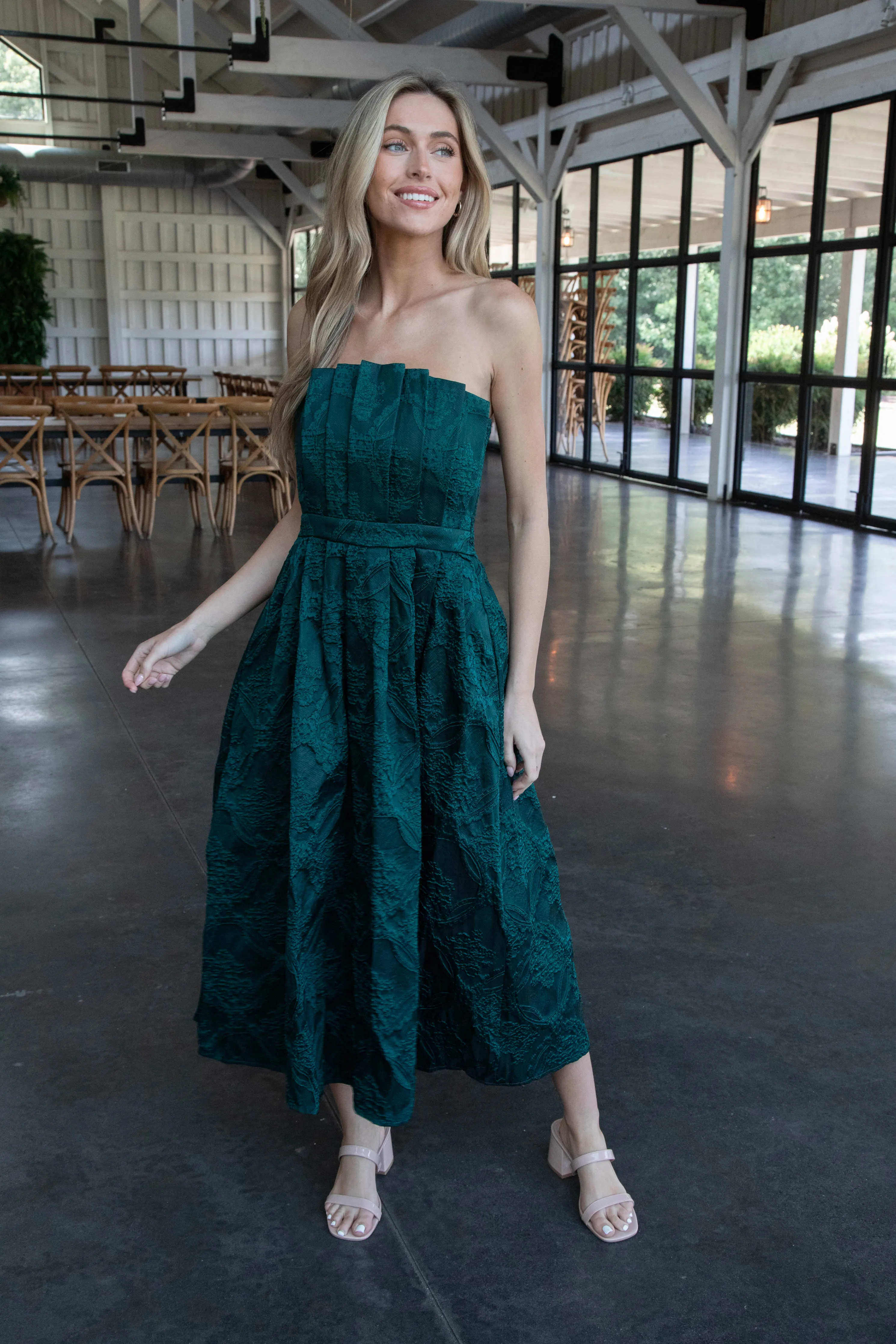 Carla Strapless Embroidered Midi Dress, Hunter Green sold by North & Main Clothing Company