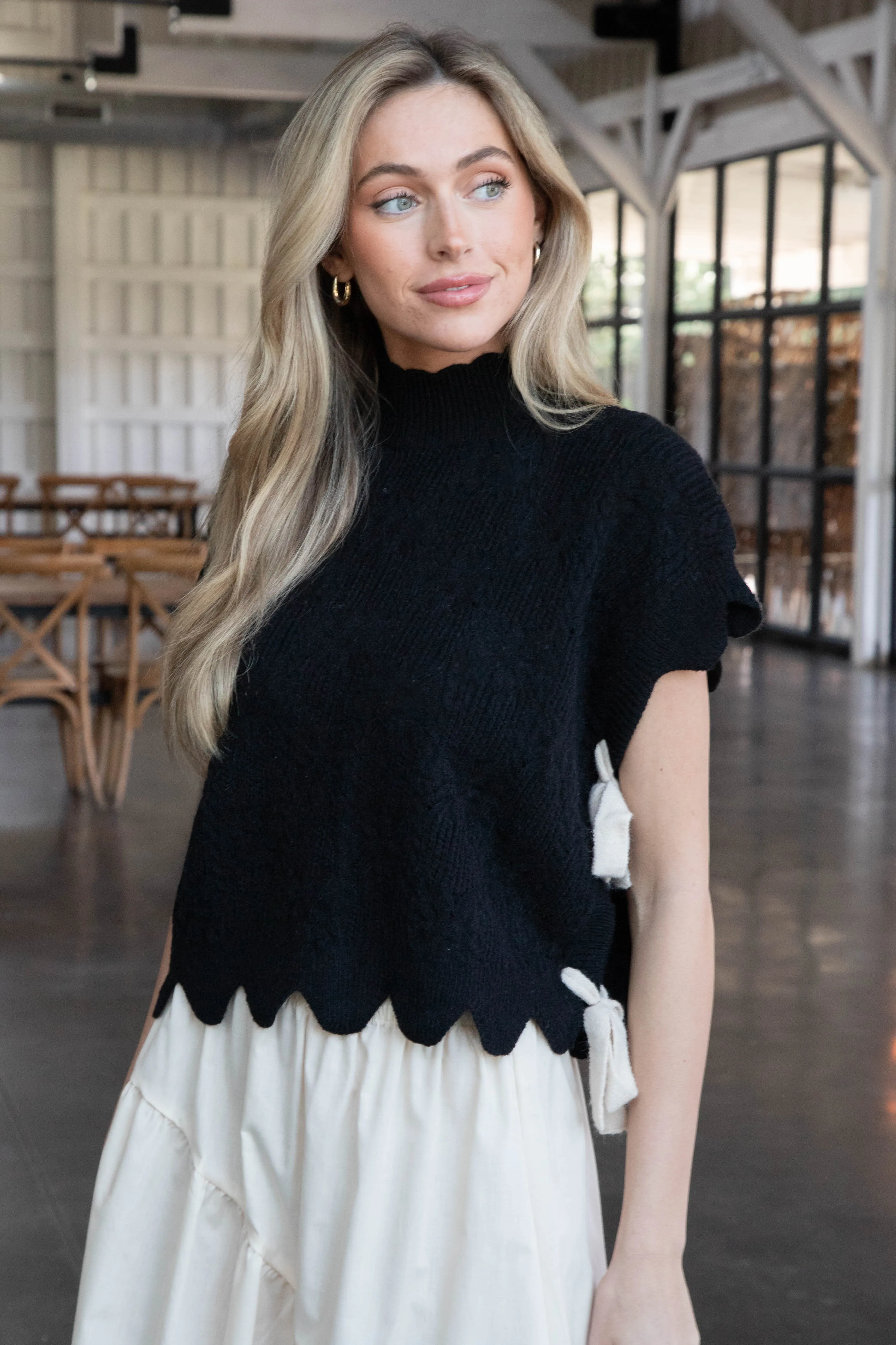 Ophelia Scalloped Edge Sweater, Black sold by North & Main Clothing Company