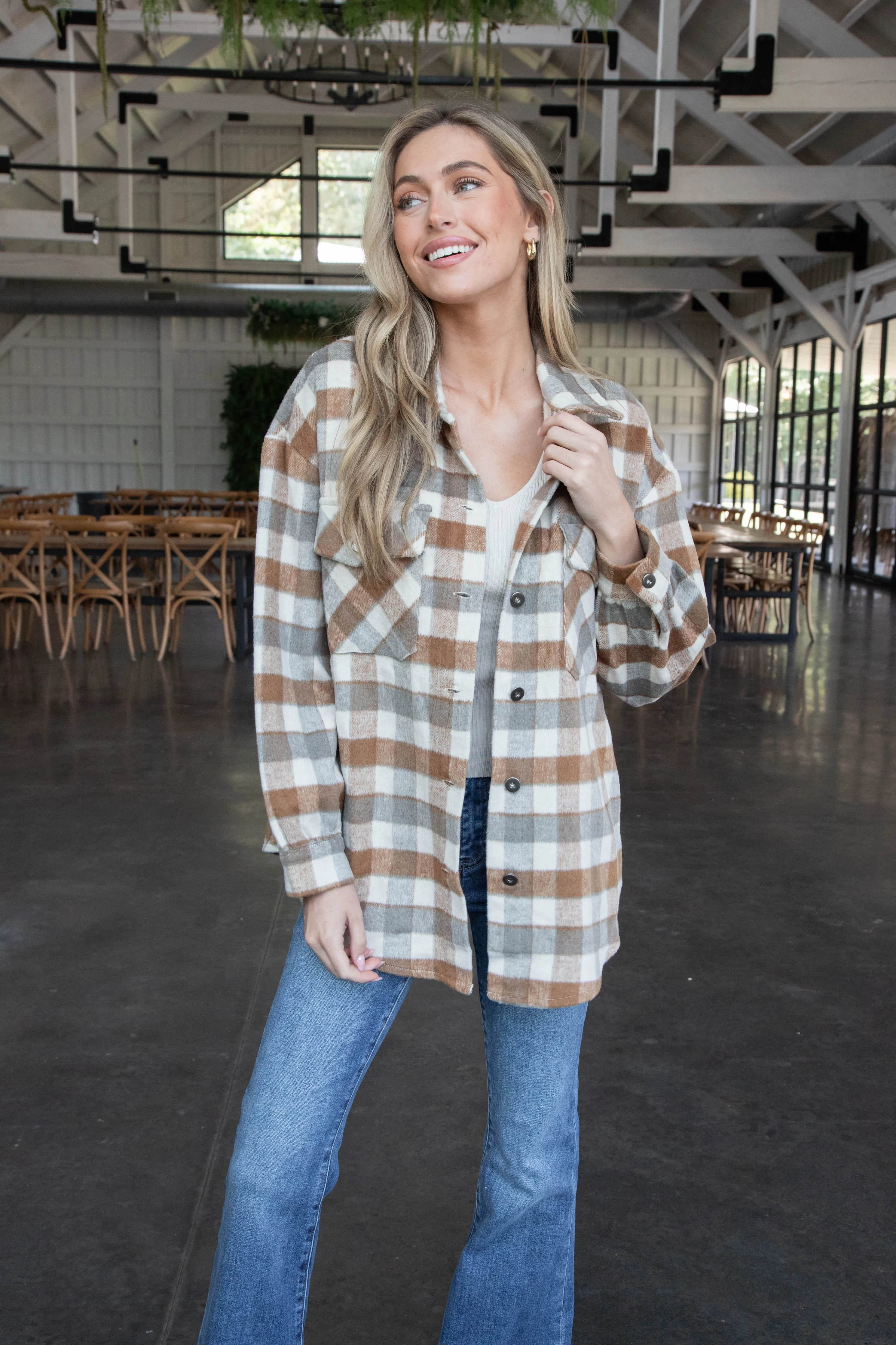 Riya Button Down Plaid Shacket, Caramel sold by North & Main Clothing Company product image thumbnail 3