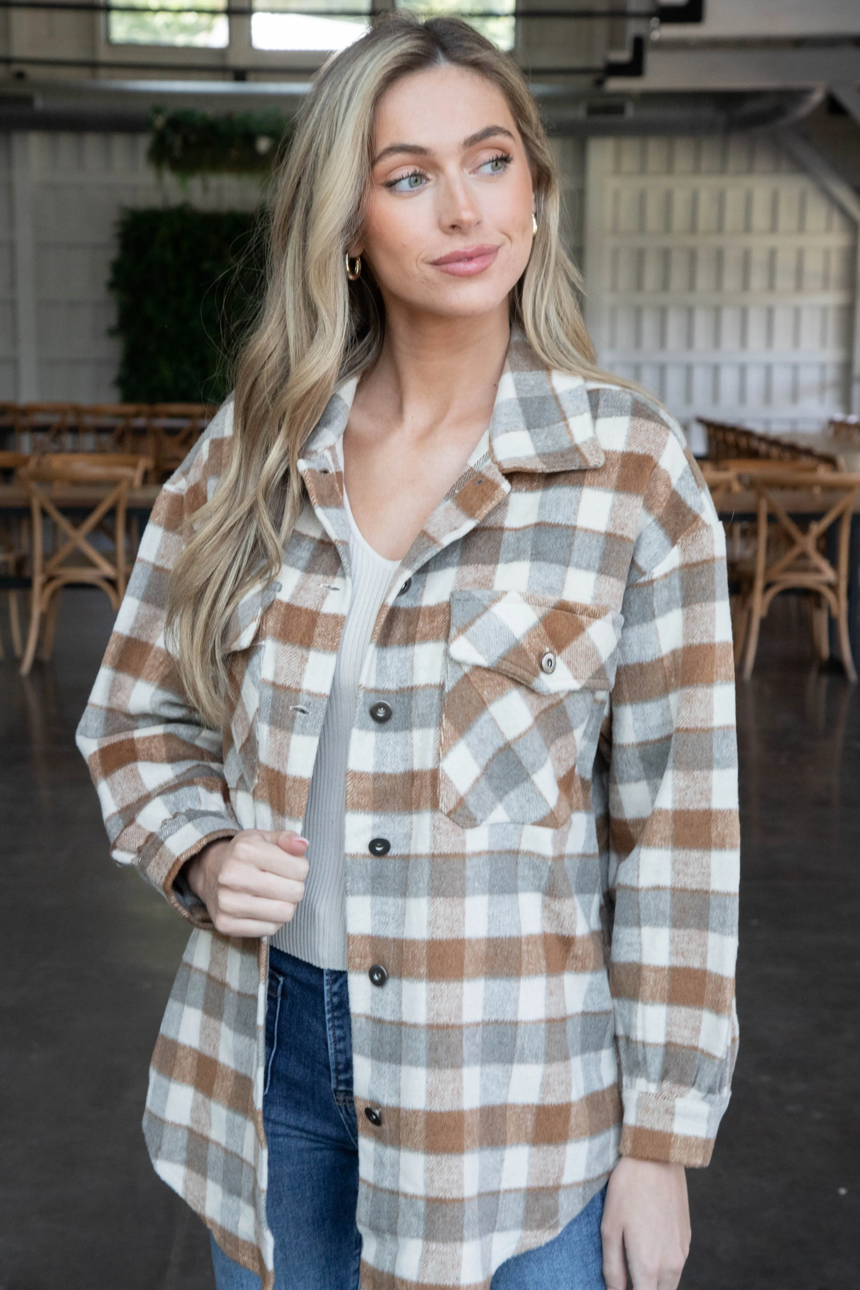 Riya Button Down Plaid Shacket, Caramel sold by North & Main Clothing Company