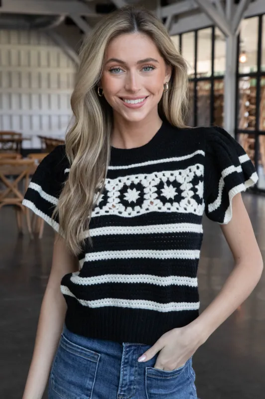 Tess Crochet Striped Sweater, Black sold by North & Main Clothing Company