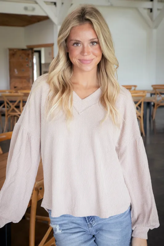 Kayley Two Tone Ribbed Top, Oatmeal sold by North & Main Clothing Company