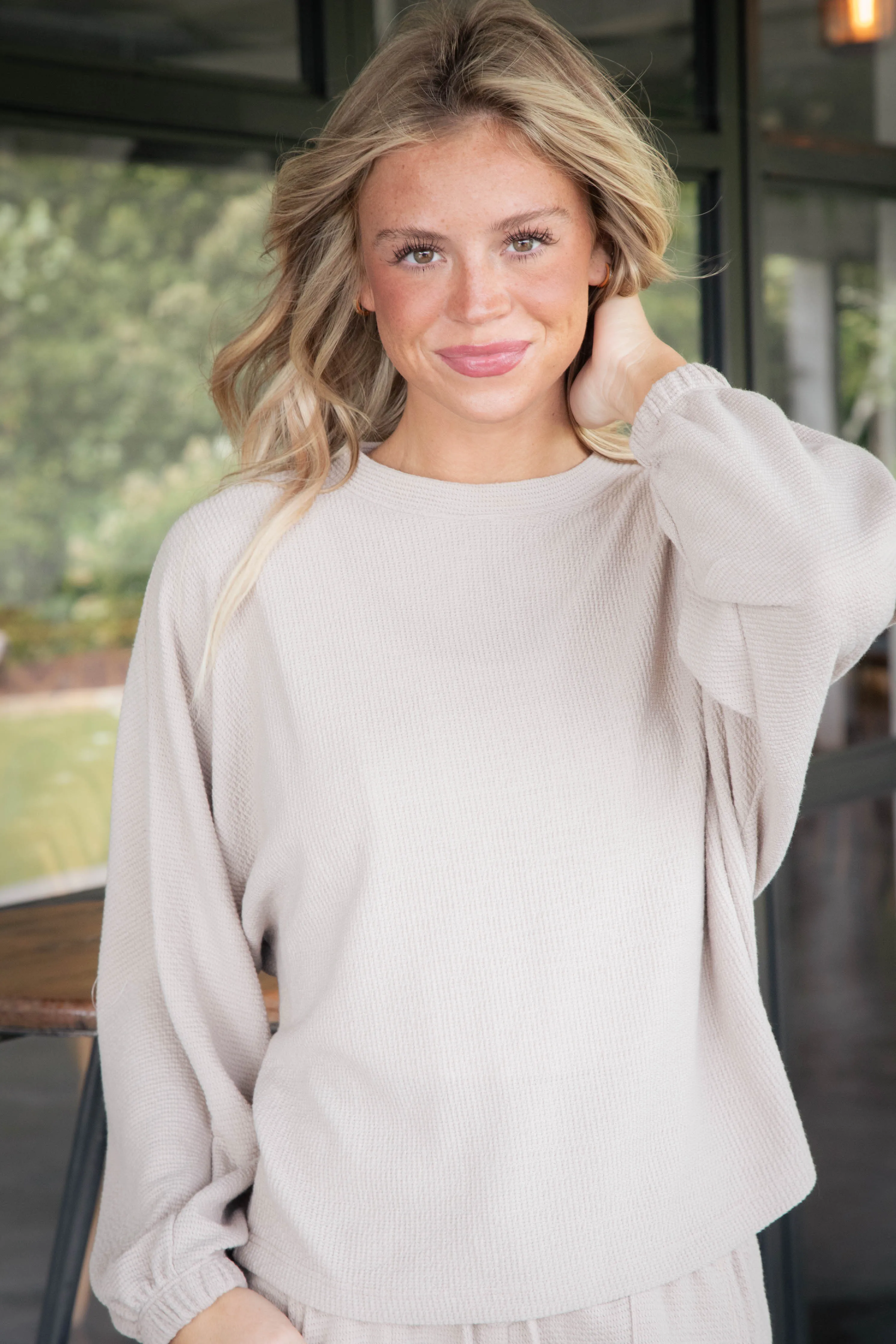 Liza Round Neck Top, Taupe sold by North & Main Clothing Company product image thumbnail 3