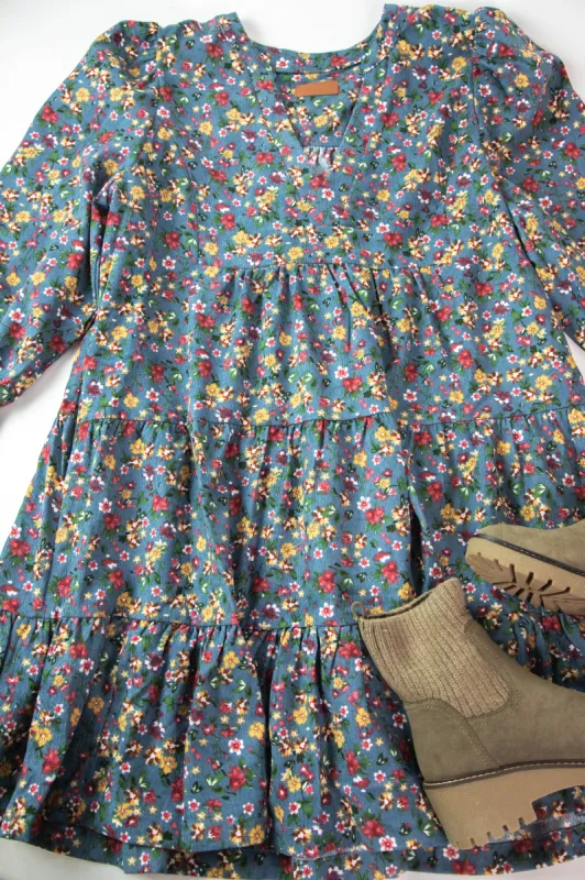 Delia Floral Corduroy Dress, Dusty Blue | Plus Size sold by North & Main Clothing Company