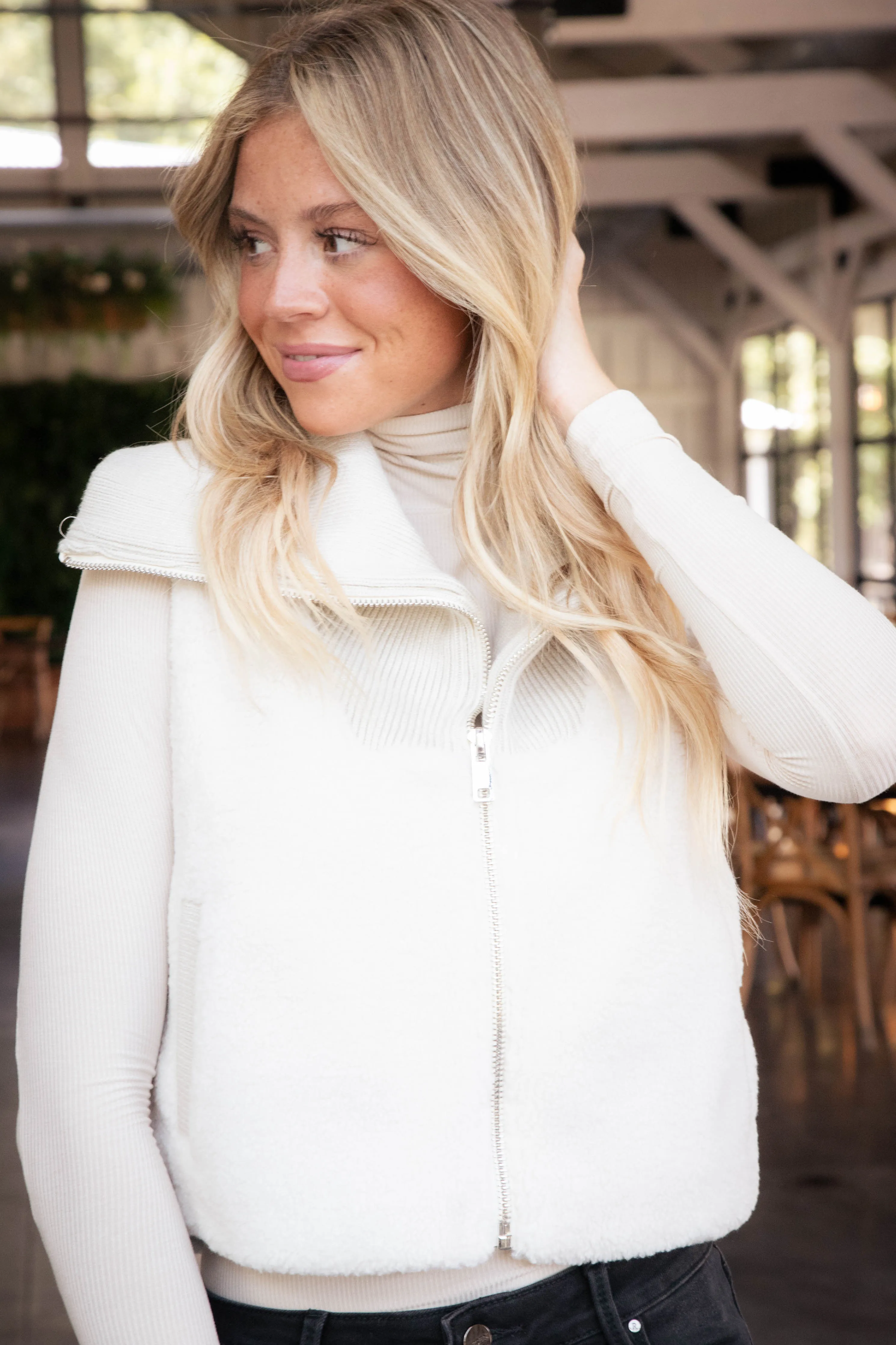 Brittney Sherpa Cropped Vest, Almond sold by North & Main Clothing Company product image thumbnail 2