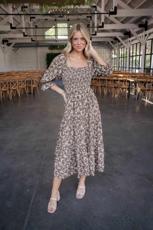 Elly Three-Quarter Sleeve Floral Dress, Brown/Beige sold by North & Main Clothing Company