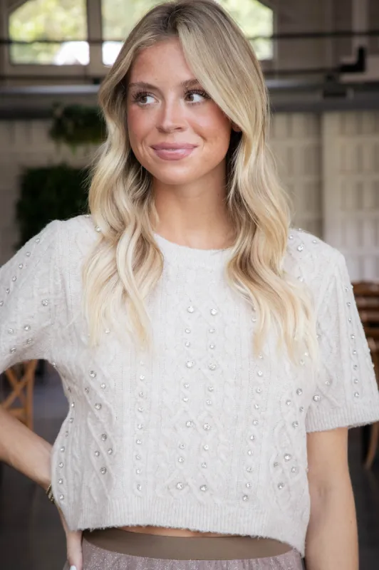 Chiara Rhinestone Sweater Top, Taupe made by She and Sky