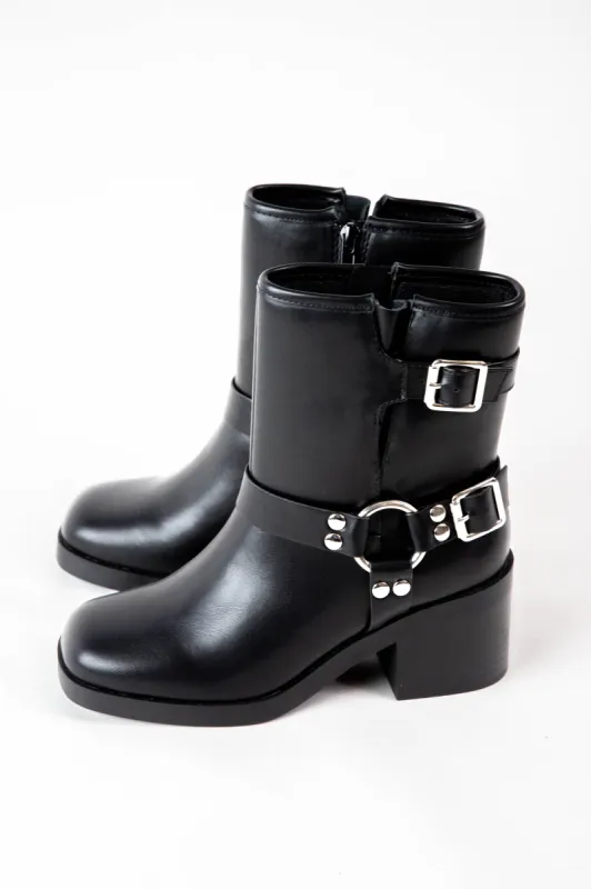 Addax Buckle Detail Moto Boot, Black PU sold by North & Main Clothing Company