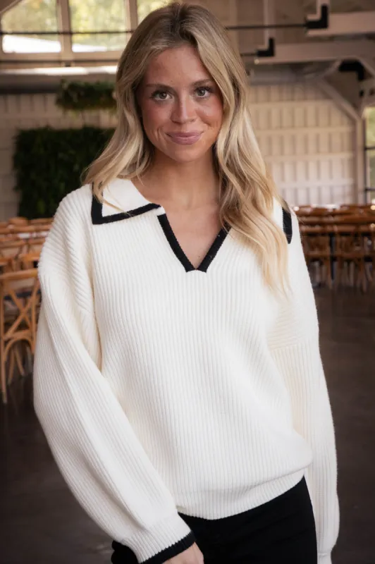Mari Contrast Trim Sweater, Cream sold by North & Main Clothing Company