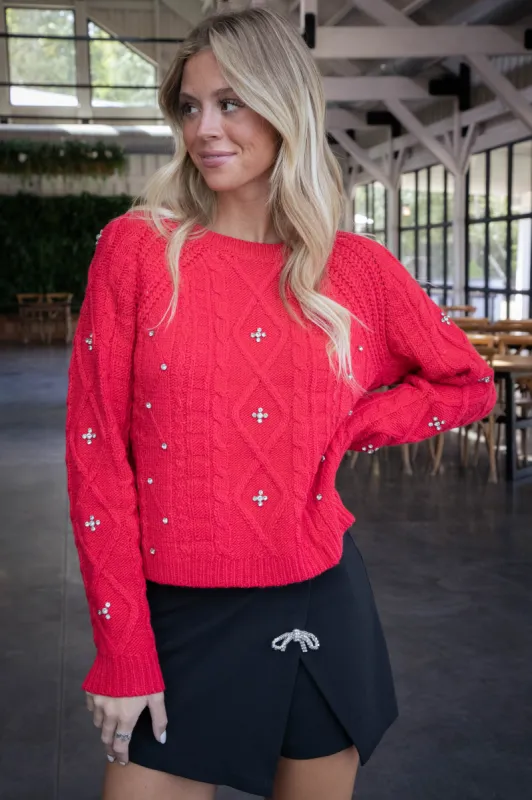 Kasey Rhinestone Detail Sweater, Red made by North & Main Clothing Company