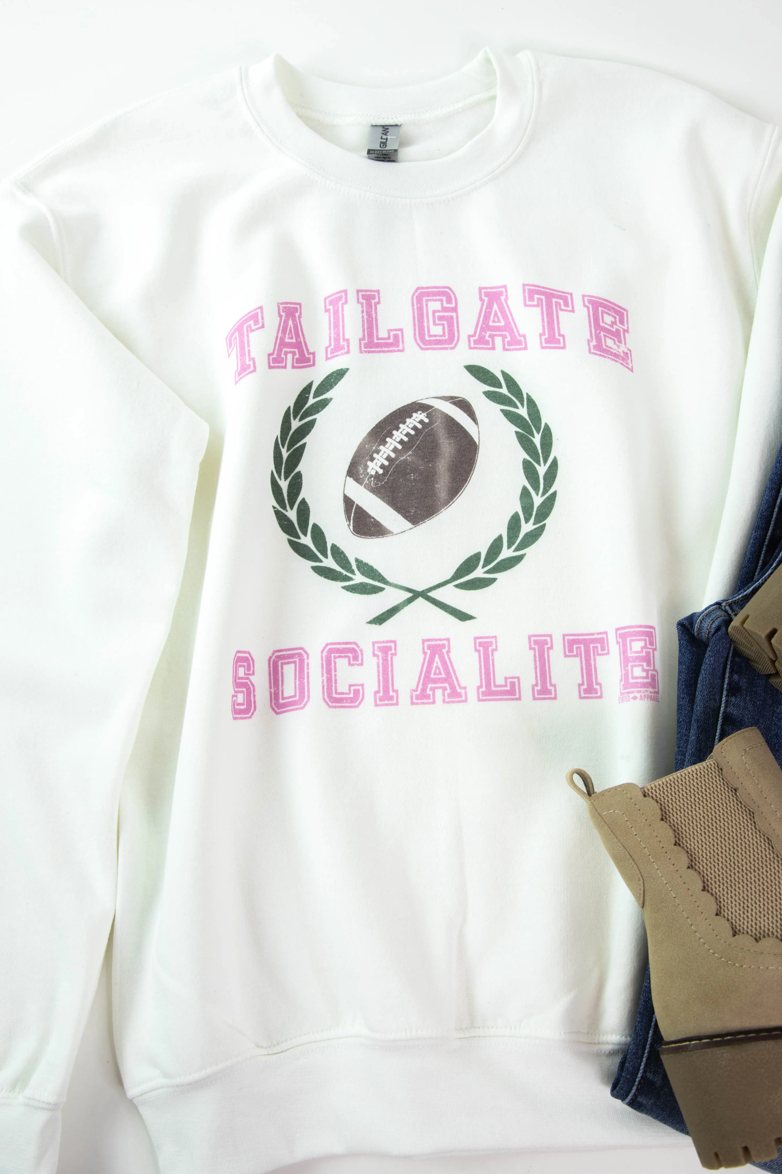 Tailgate Socialite Sweatshirt, White sold by North & Main Clothing Company