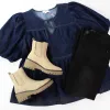 Elyse Denim Tie Neck Top, Dark Denim | Extended Sizes sold by North & Main Clothing Company