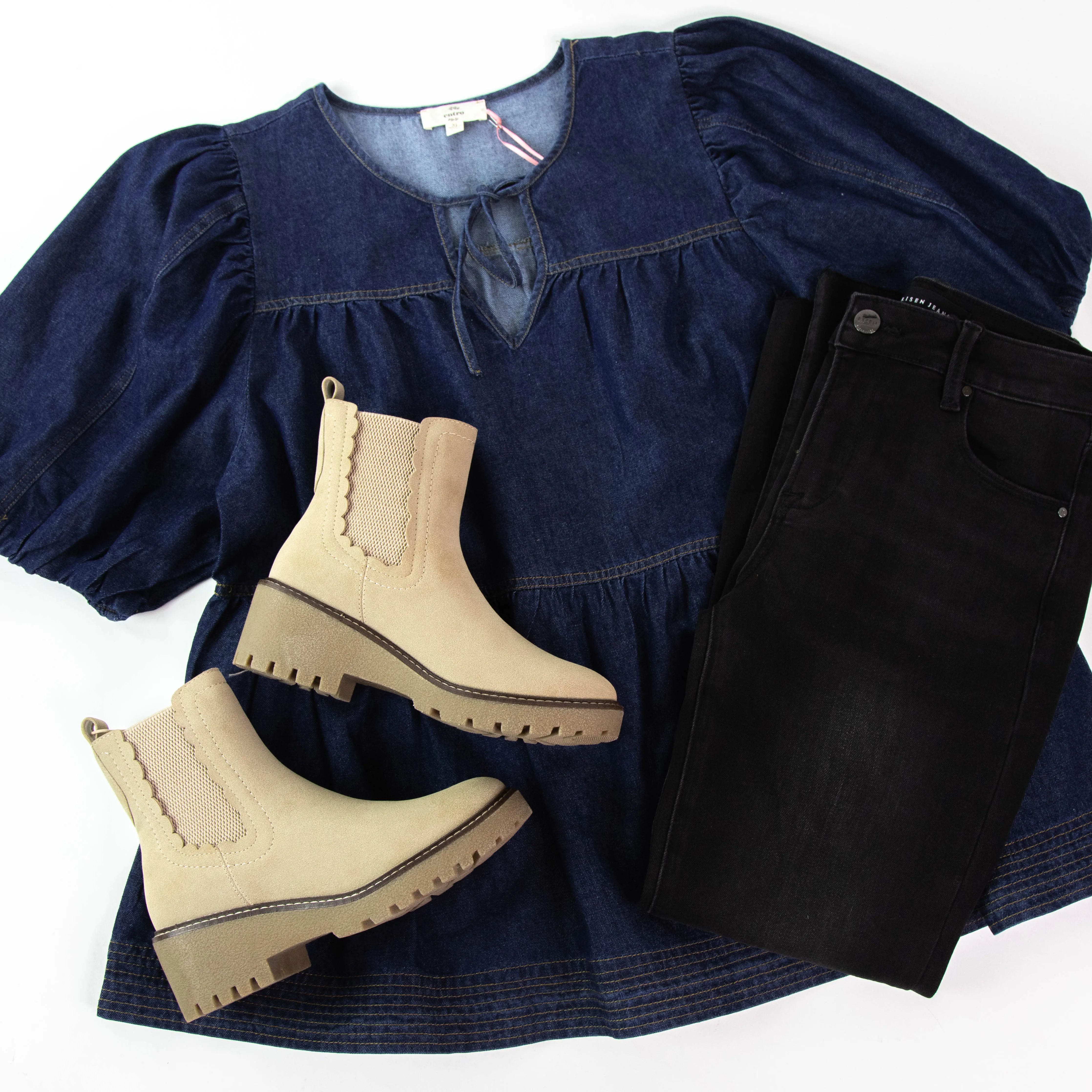 Elyse Denim Tie Neck Top, Dark Denim | Extended Sizes sold by North & Main Clothing Company product image thumbnail 3