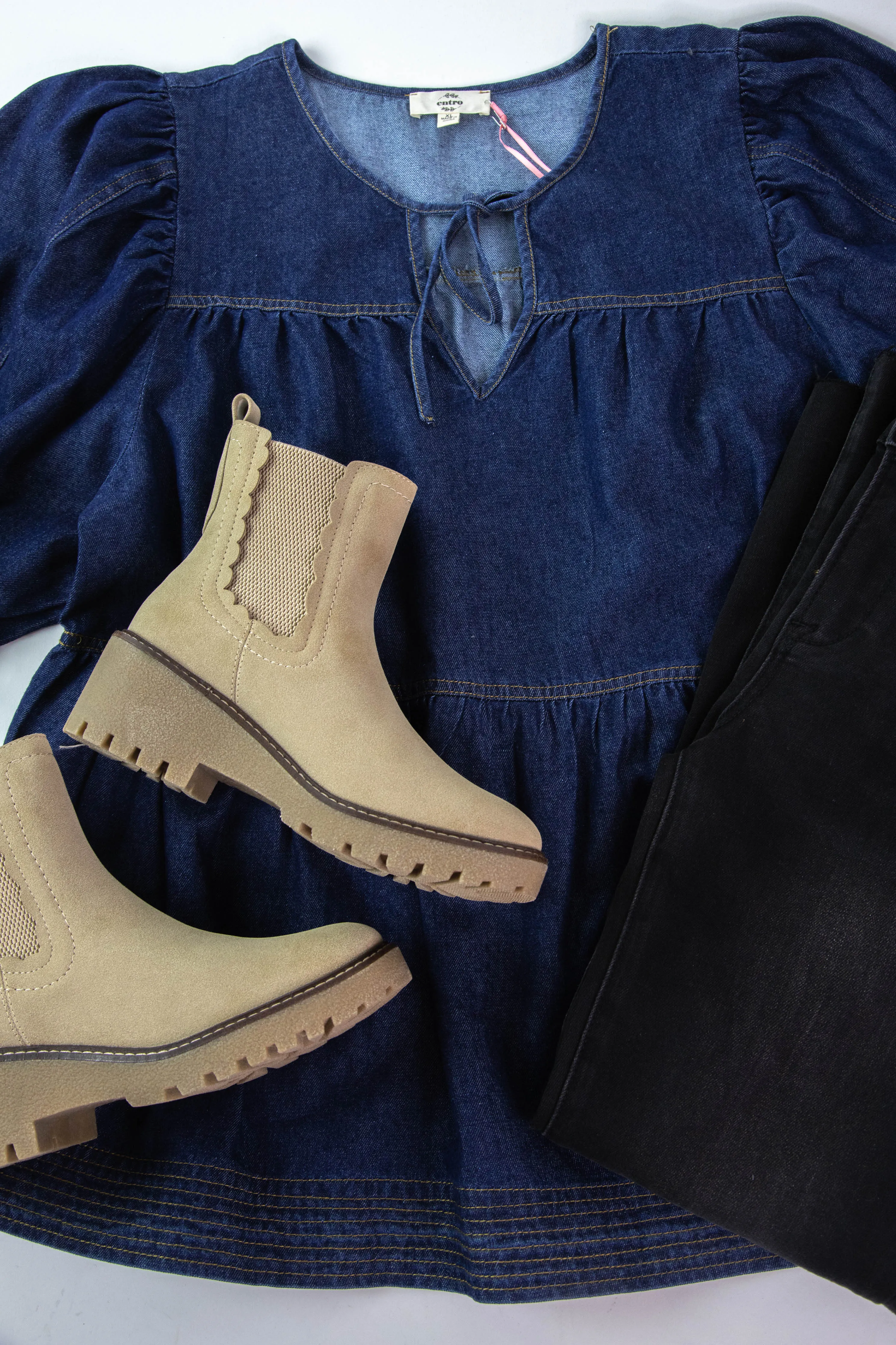 Elyse Denim Tie Neck Top, Dark Denim | Extended Sizes sold by North & Main Clothing Company