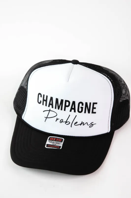Champagne Problems Foam Trucker Hat, Black/White sold by North & Main Clothing Company