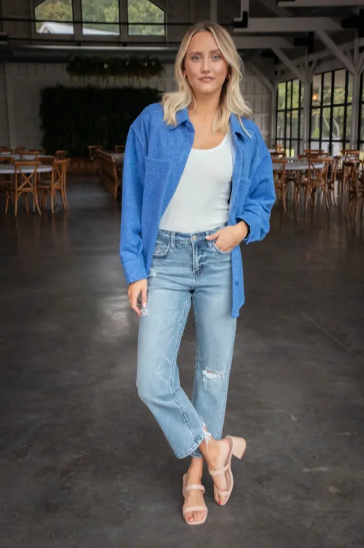Aubri Oversized Button Down Shacket, Blue sold by North & Main Clothing Company