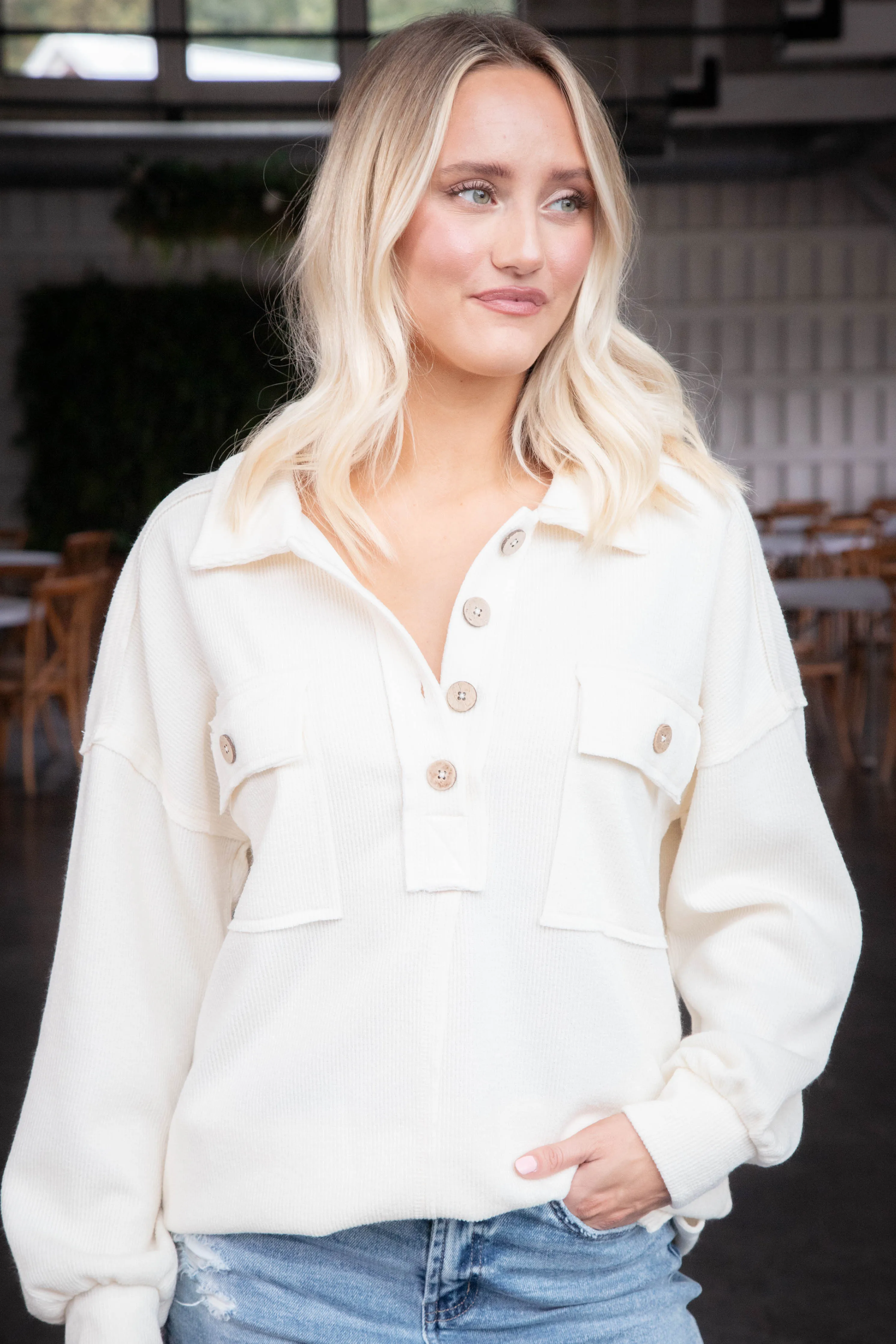 Kaylen Henley Knit Top, Cream sold by North & Main Clothing Company product image thumbnail 3