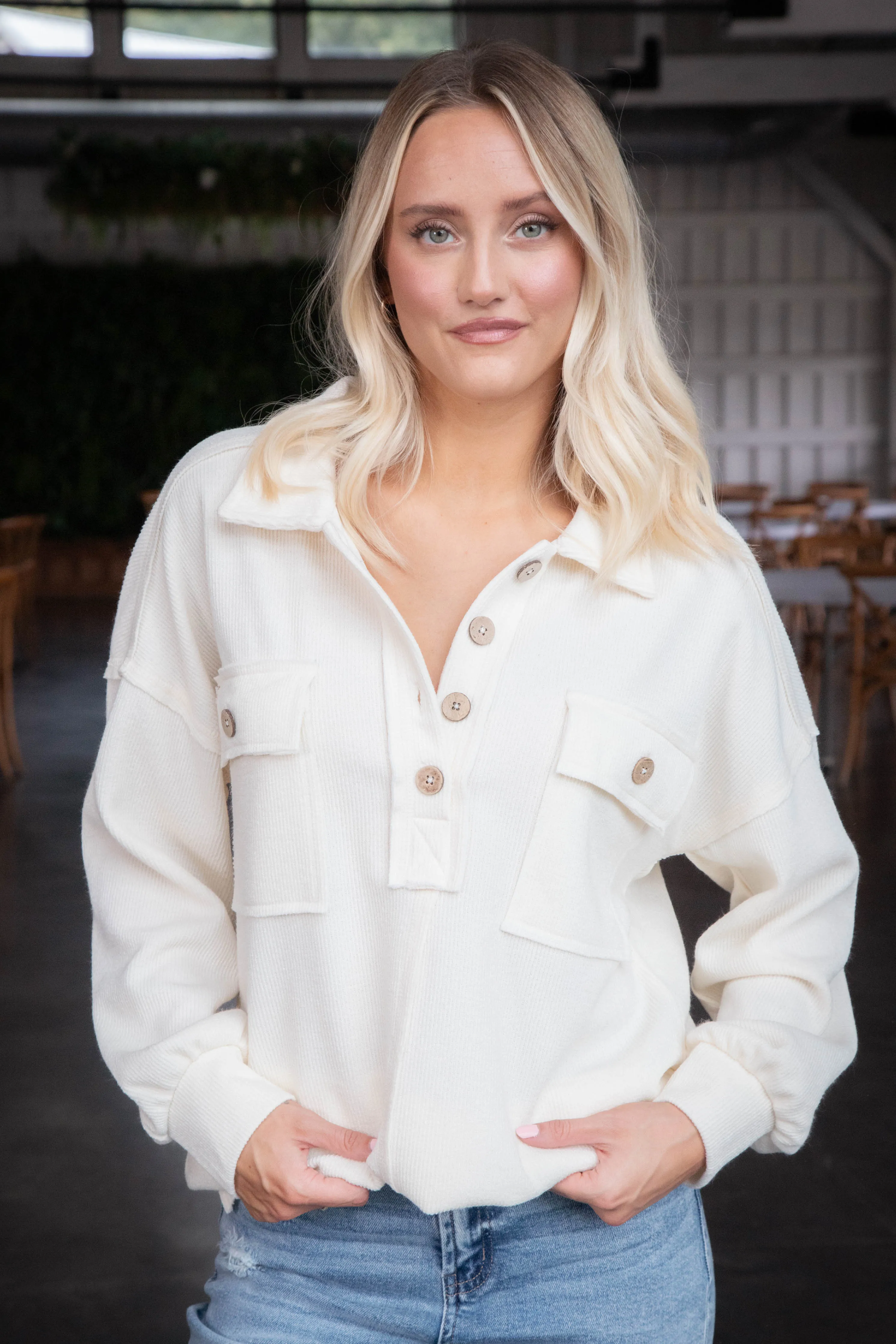Kaylen Henley Knit Top, Cream sold by North & Main Clothing Company