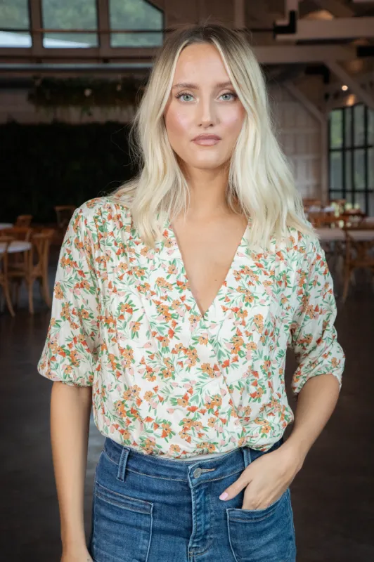 Slow Travels Surplice Bodysuit, Cream Multi | Sadie & Sage sold by North & Main Clothing Company