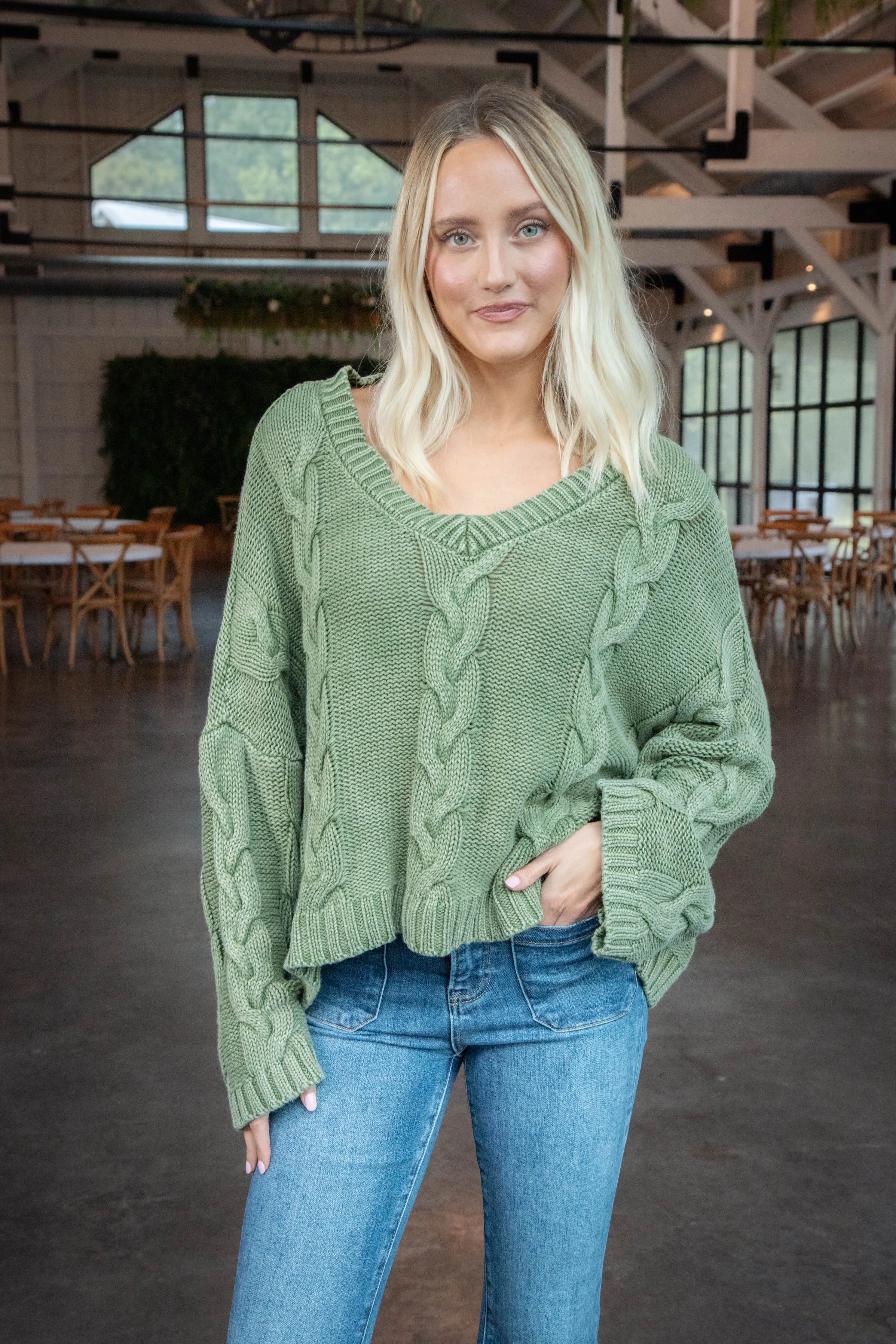 Ria Cable Knit V-Neck Sweater, Olive sold by North & Main Clothing Company