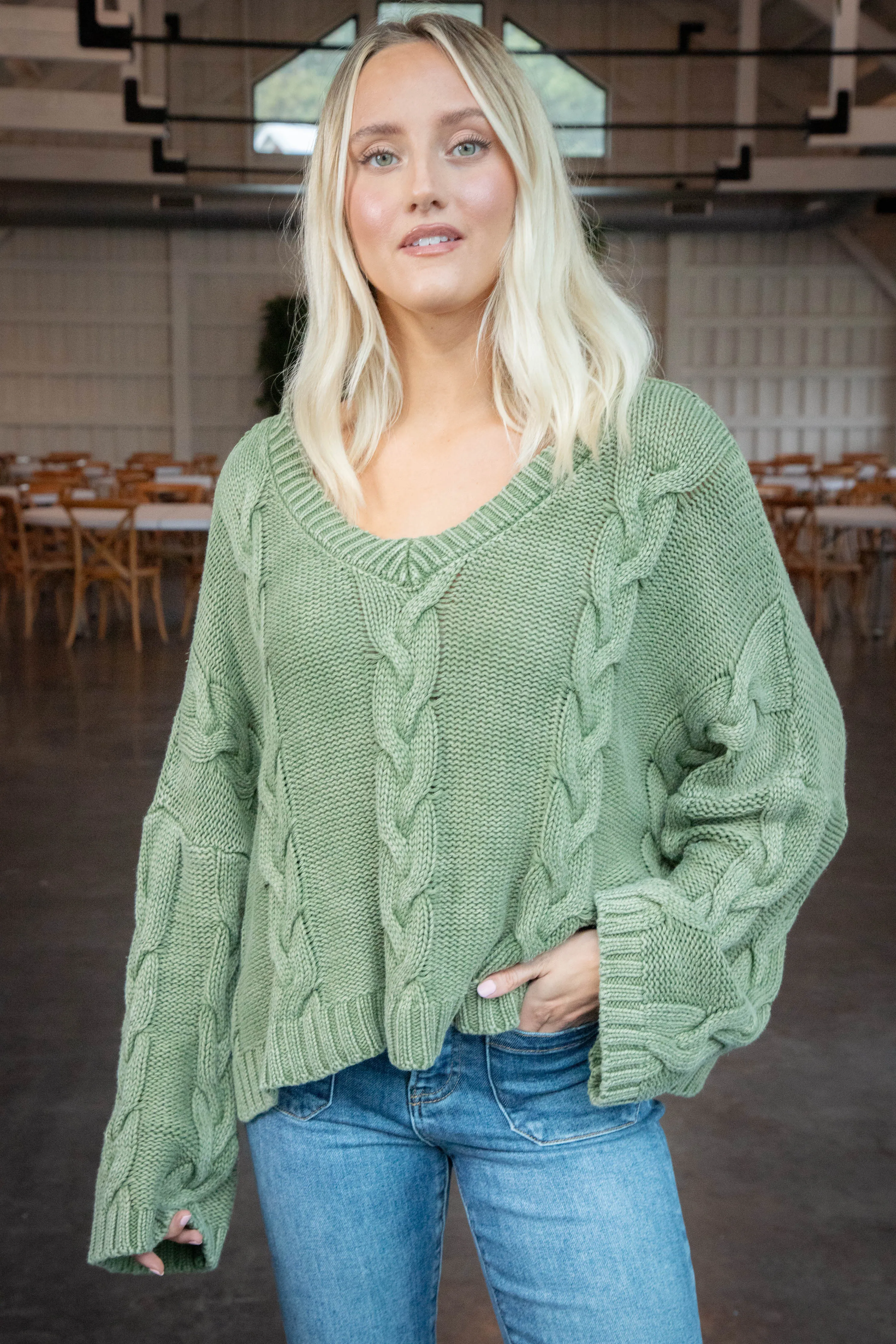 Ria Cable Knit V-Neck Sweater, Olive sold by North & Main Clothing Company product image thumbnail 3