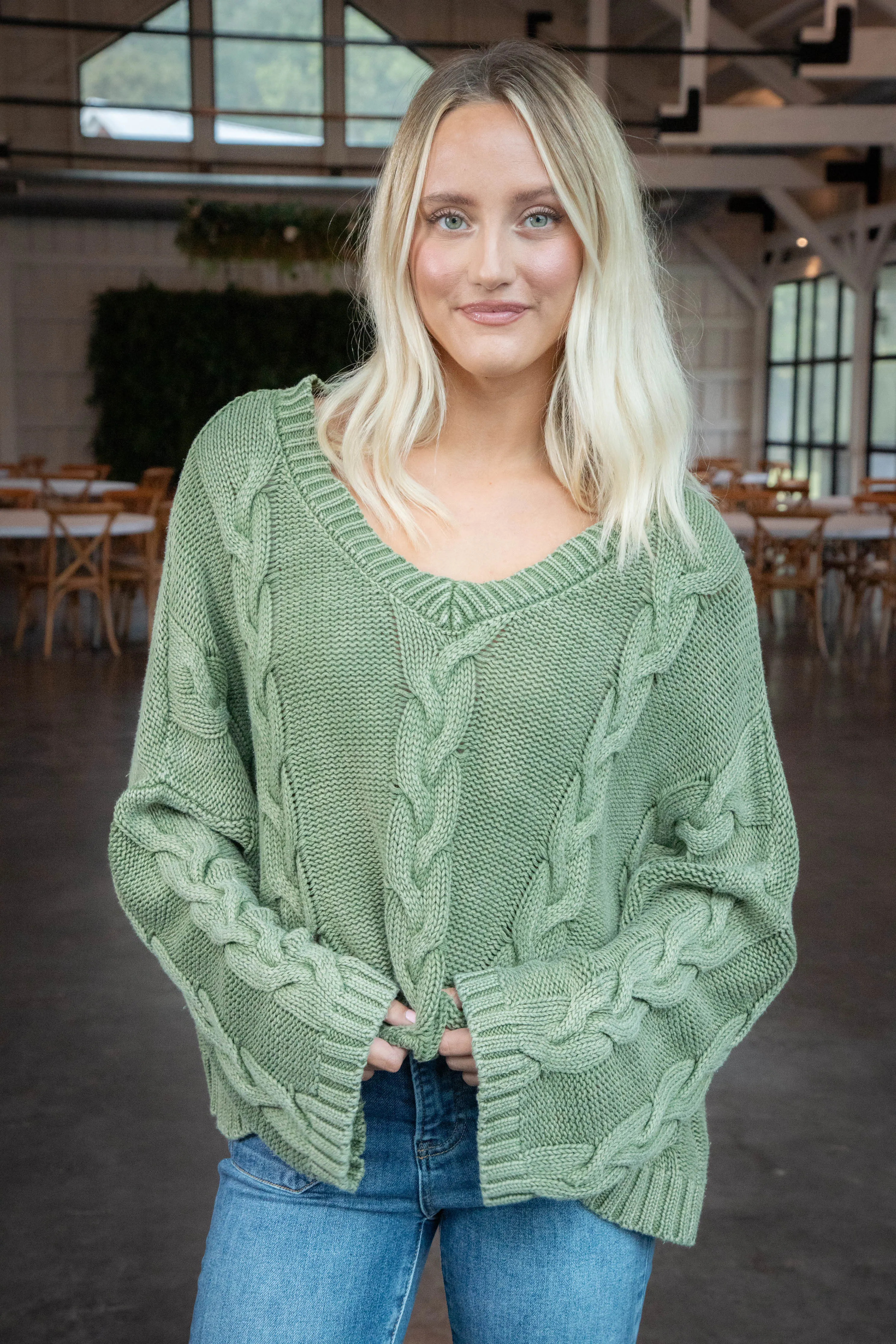 Ria Cable Knit V-Neck Sweater, Olive sold by North & Main Clothing Company product image thumbnail 5