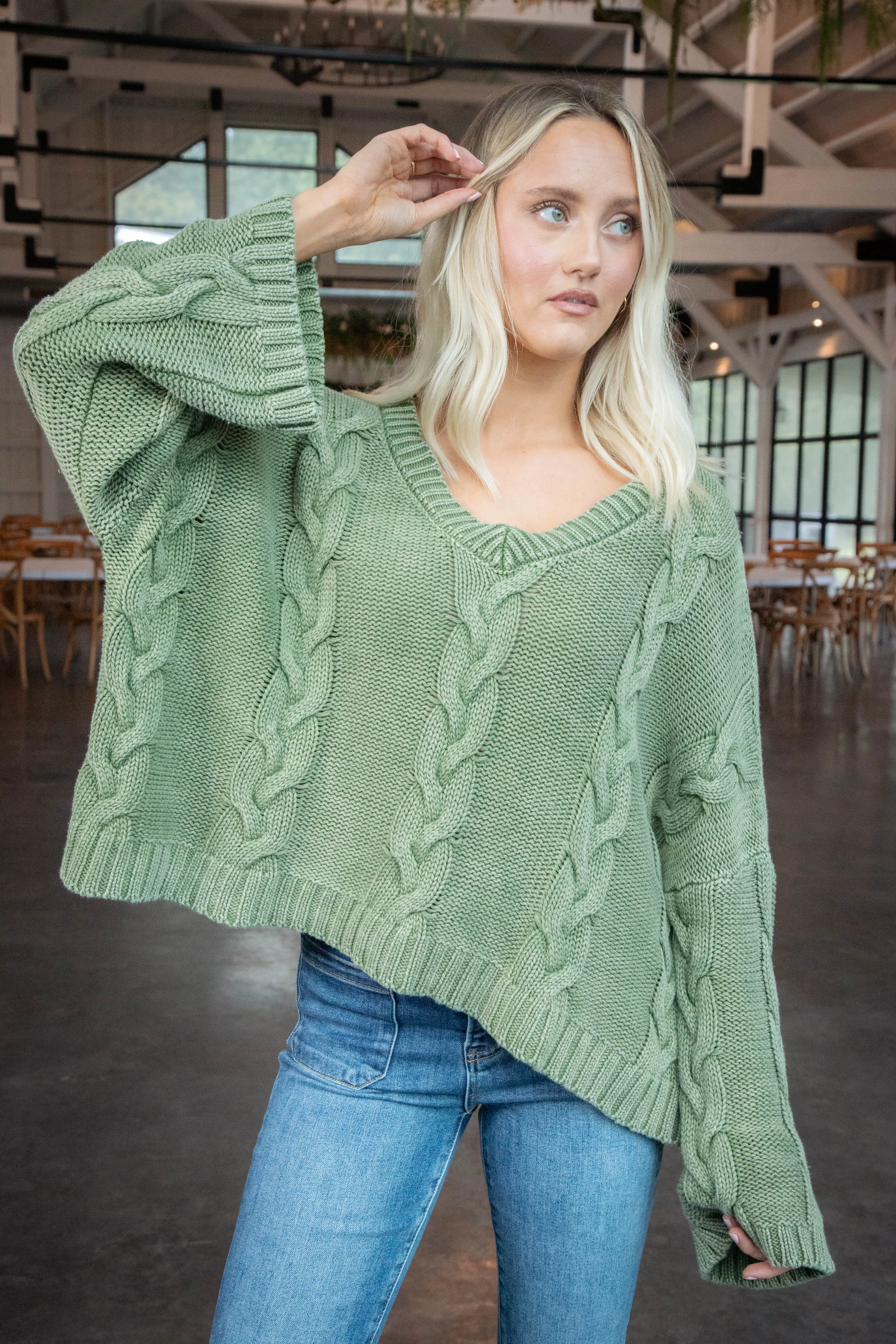 Ria Cable Knit V-Neck Sweater, Olive sold by North & Main Clothing Company product image thumbnail 4