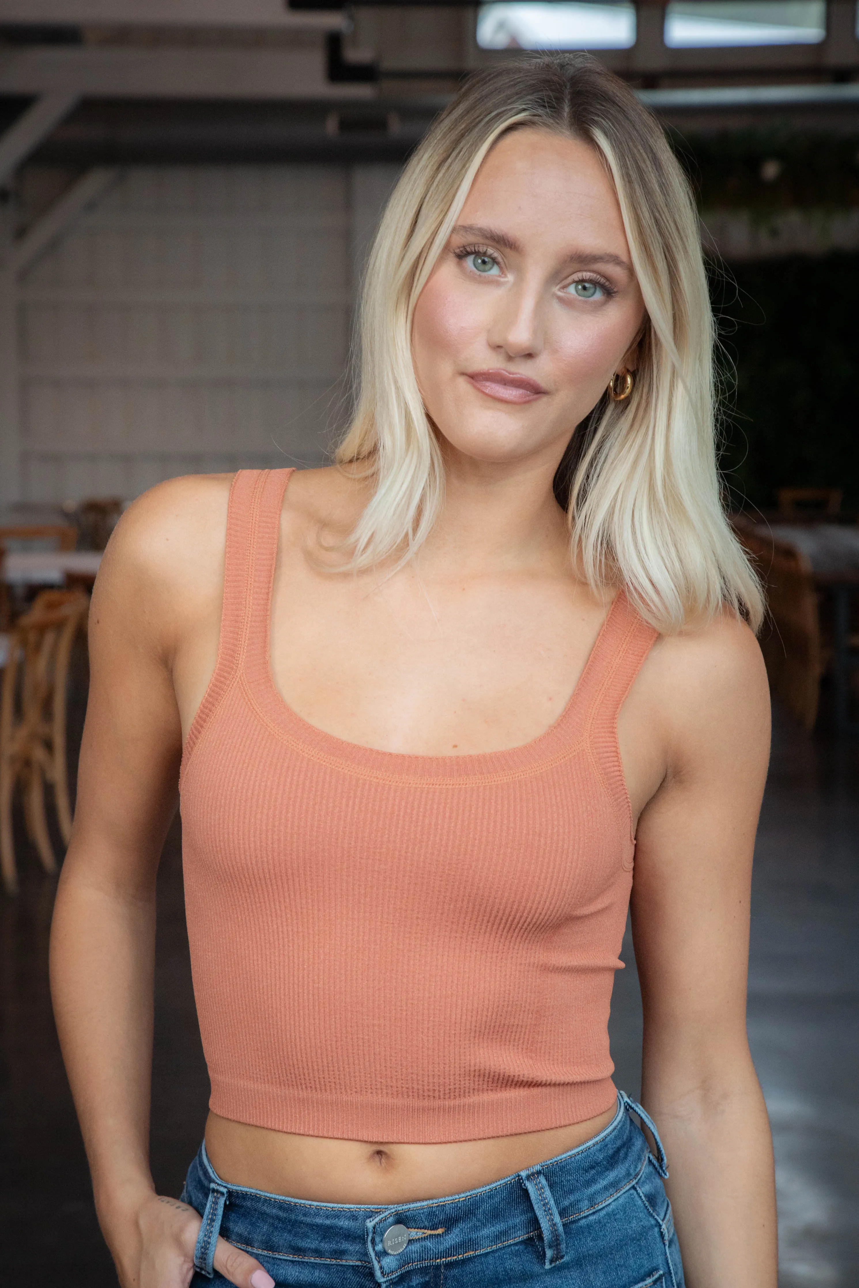 Miya Scoop Neck Crop Tank, Terracotta sold by North & Main Clothing Company