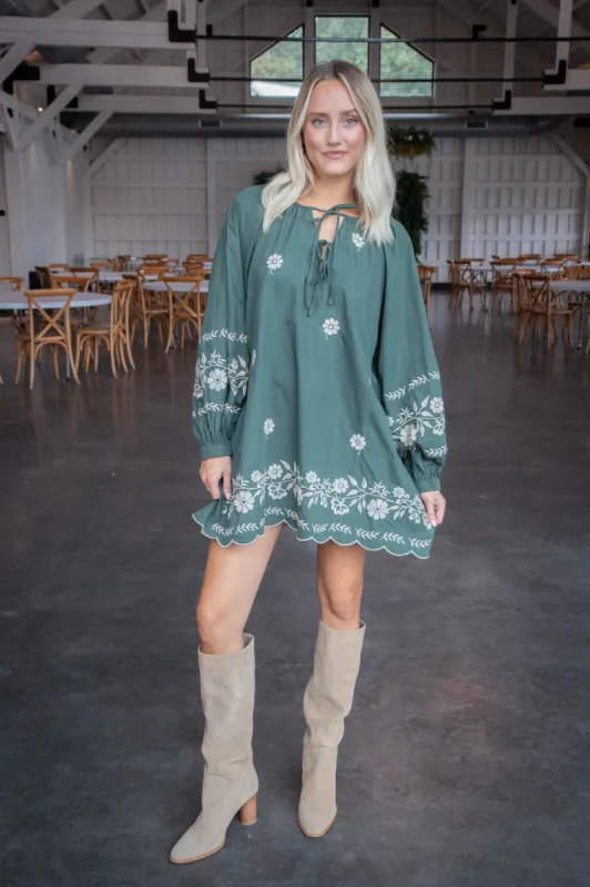 Analia Embroidered Peasant Mini Dress, Hunter Green sold by North & Main Clothing Company