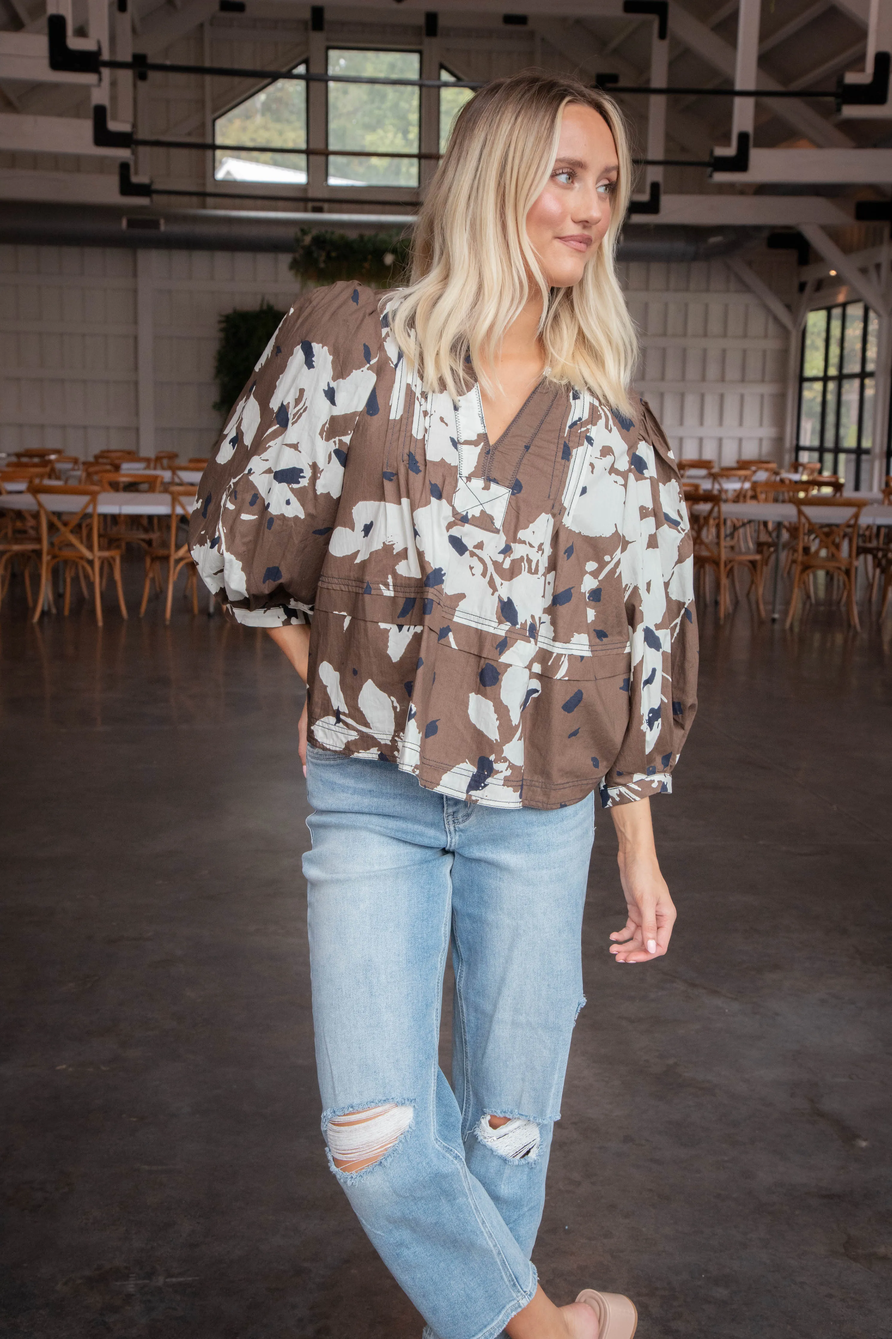 Oaklyn Printed Pintuck Blouse, Espresso sold by North & Main Clothing Company product image thumbnail 5