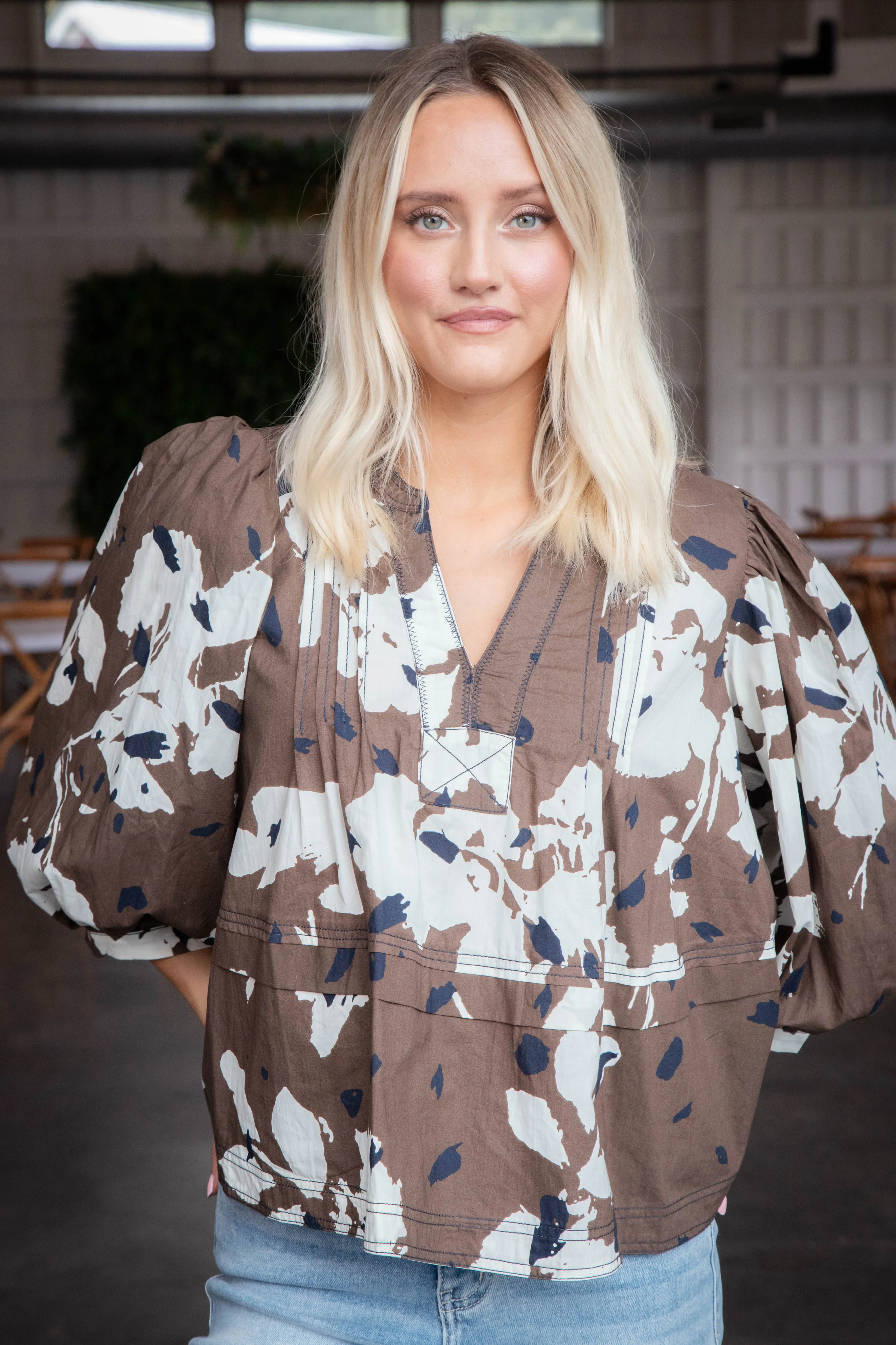 Oaklyn Printed Pintuck Blouse, Espresso sold by North & Main Clothing Company